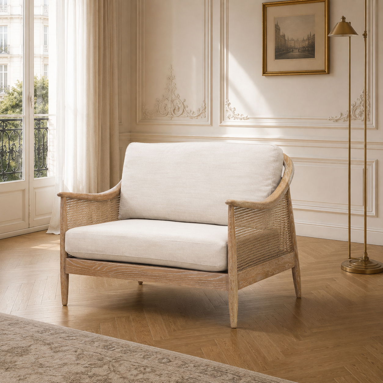 Remi rattan 2-seater linen chair in a Parisian room with panelled walls, brass lamp and wood flooring.