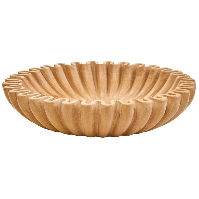 Renaud ochre marble fluted decorative bowl shown from above on a white background, highlighting its carved radial form.