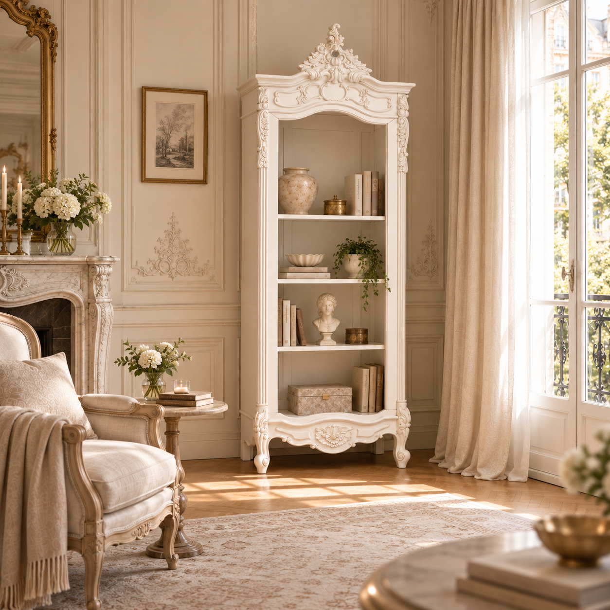 Rosalie tall French open bookcase in antique white carved mahogany, styled by a fireplace in a Parisian living room.