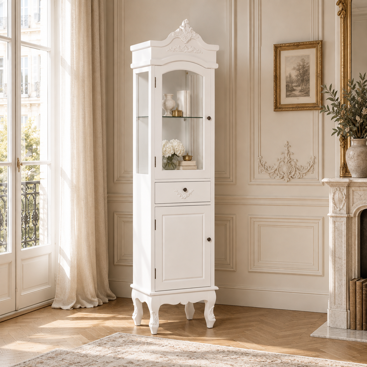 Rosalie antique white French glass display cabinet with drawer in a sunlit panelled living room by a fireplace.