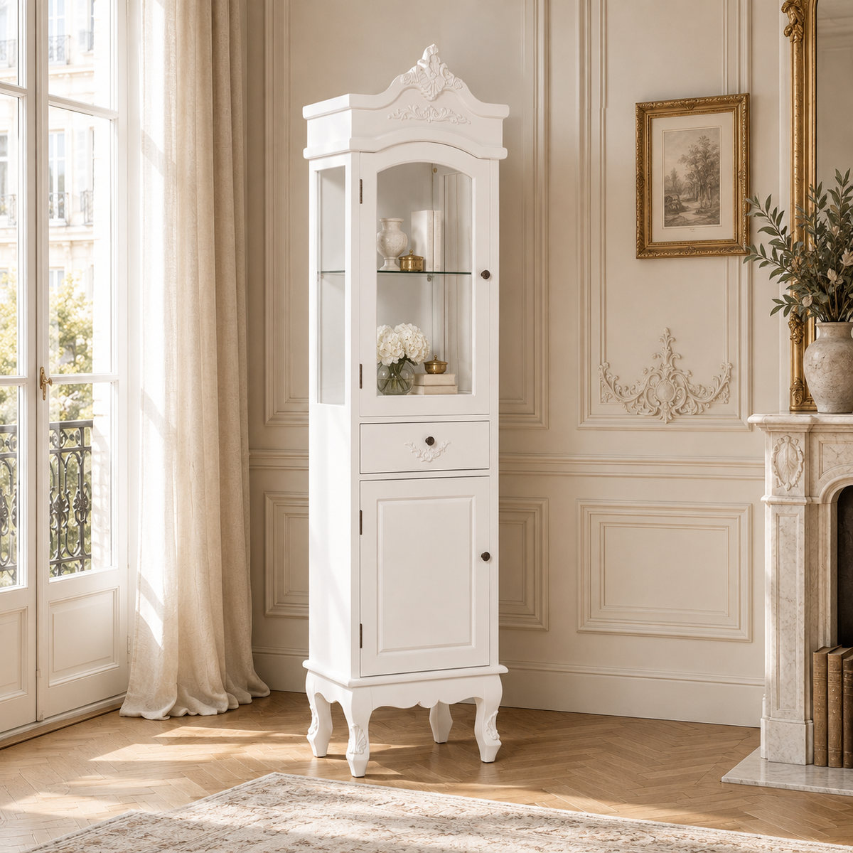 Rosalie antique white French glass display cabinet with drawer in a sunlit panelled living room by a fireplace.