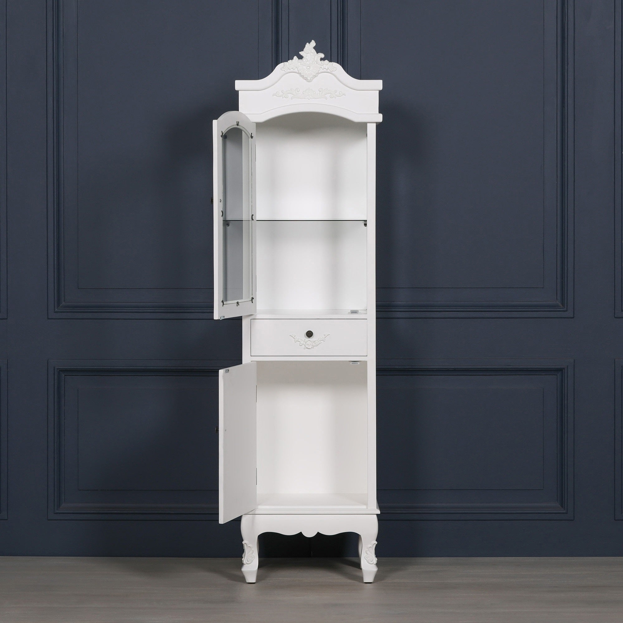 Rosalie Tall French Glass Display Cabinet with Drawer in Antique White shown with the glazed cabinet door and lower cupboard open, revealing glass shelving, concealed storage and versatile display space.