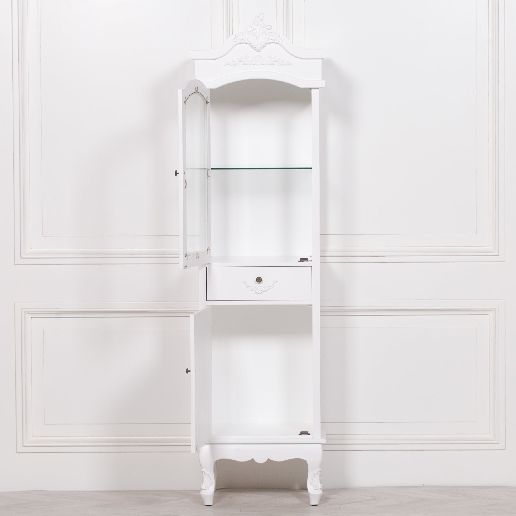 Rosalie Tall French Glass Display Cabinet with Drawer in Antique White shown with the glazed cabinet door and lower cupboard open, revealing spacious glass shelving, storage drawer and concealed cupboard for display and organisation.