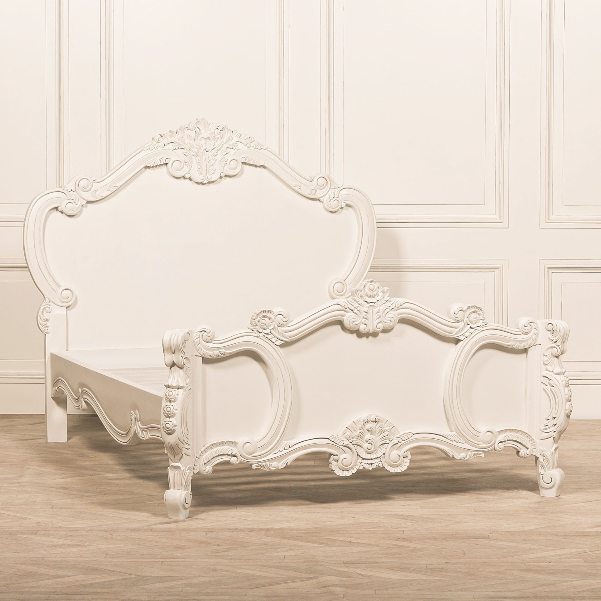 Rosalie French Rococo 5FT king size bed frame without mattress, showing the tall curved headboard and ornate footboard with hand-carved rose and scroll detailing
