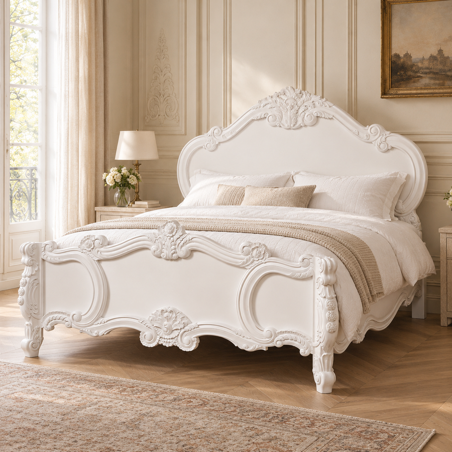 Rosalie French Rococo 5FT King Size Bed Frame – Light Painted White with Hand-Carved Rose Cherub Detailing
