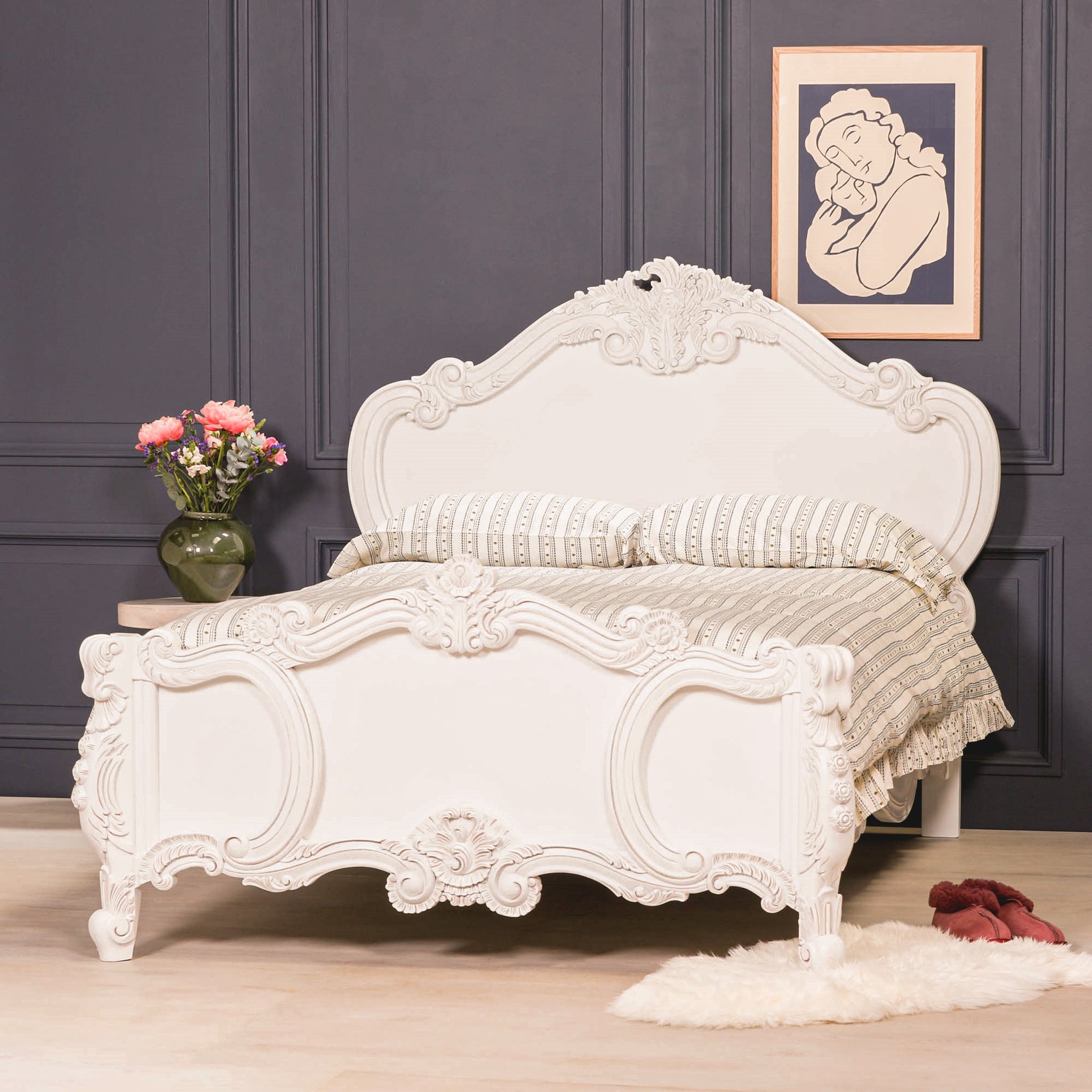 Rosalie French Rococo 5FT king size bed frame in light painted white, styled in an elegant bedroom with ornate hand-carved rose and cherub detailing
