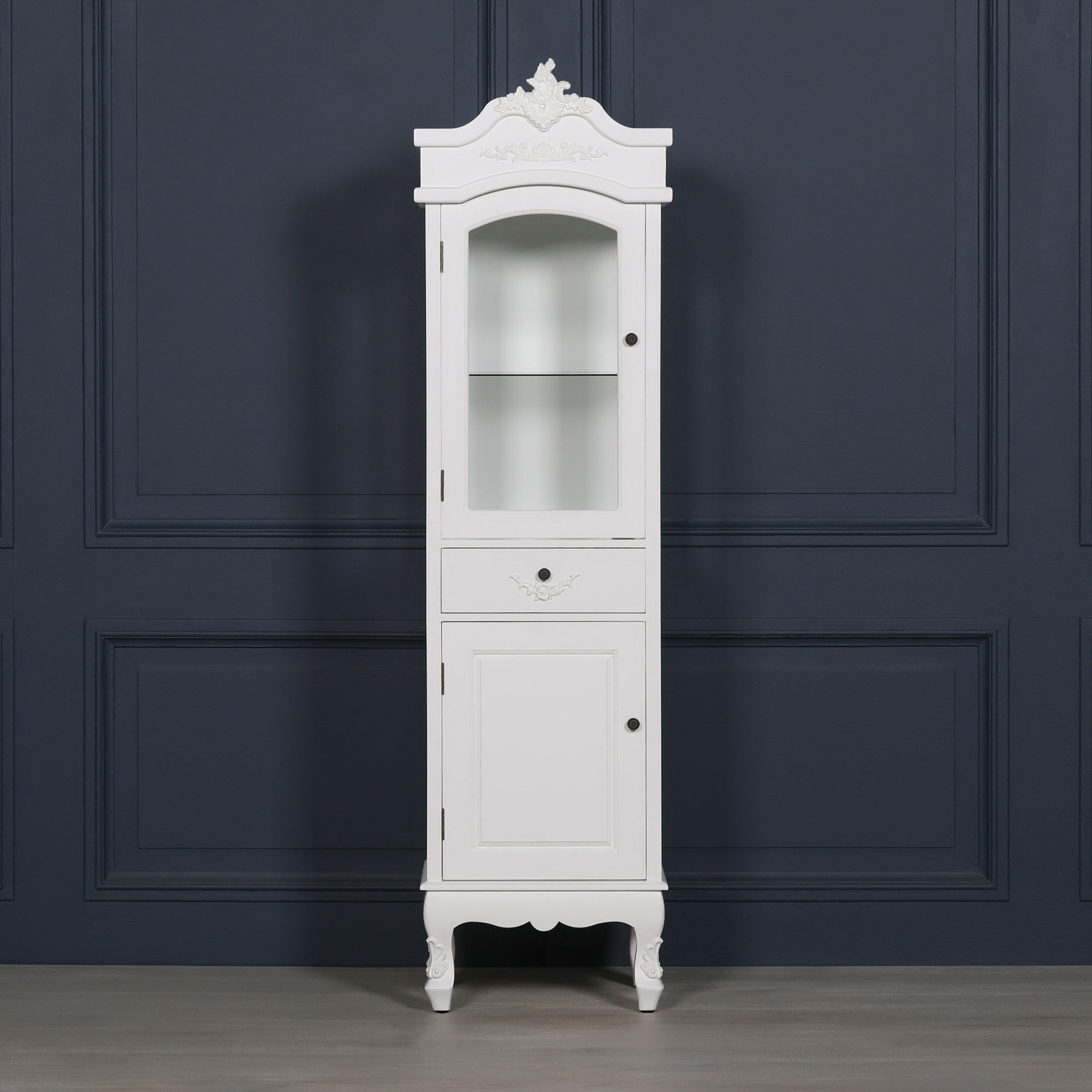 Front view of the Rosalie Tall French Glass Display Cabinet with Drawer in Antique White highlighting the glass display cabinet, practical storage drawer, lower cupboard, ornate carved detailing and classic French country styling.