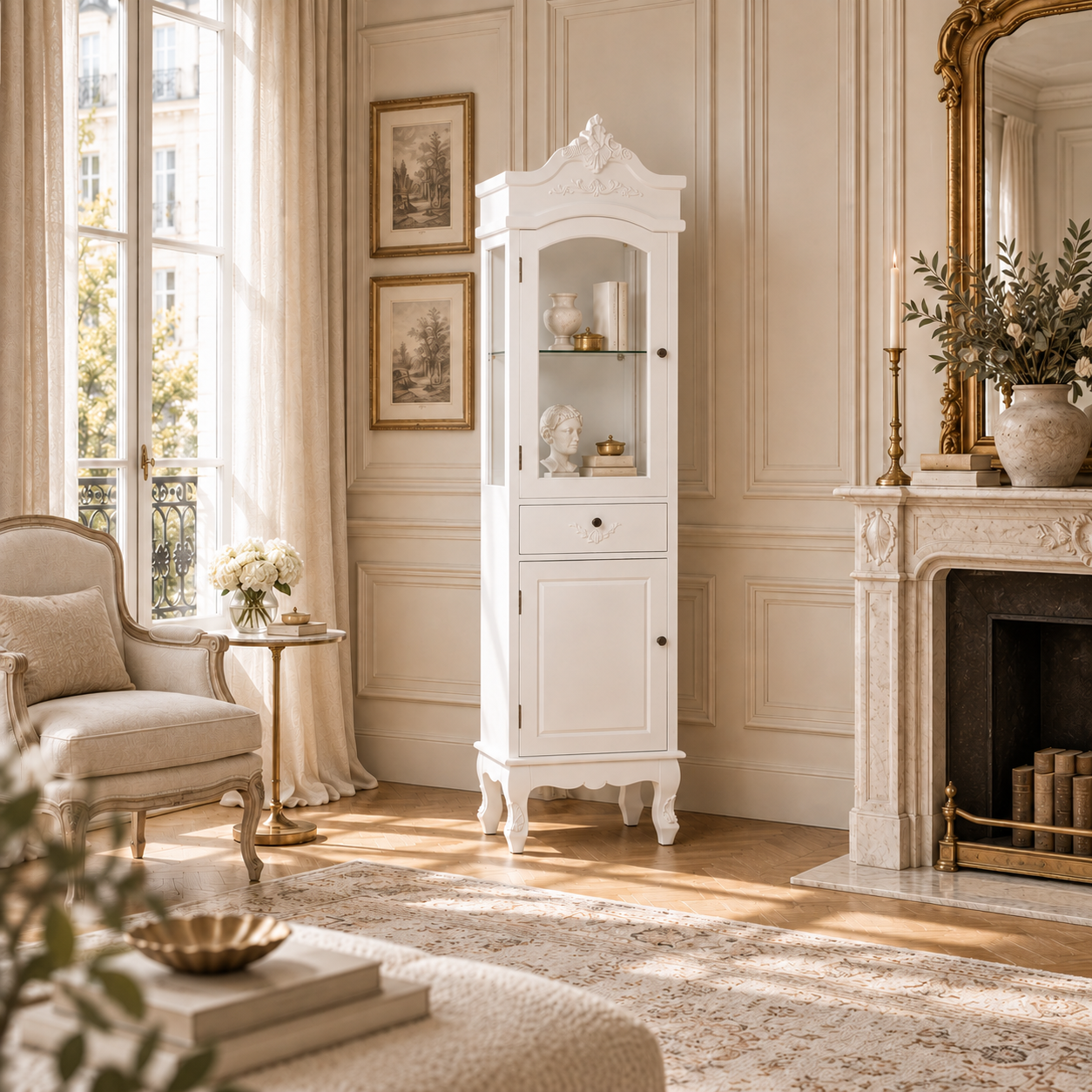 Tall antique white French glazed display cabinet in a Parisian living room with fireplace, gold mirror and tall windows.