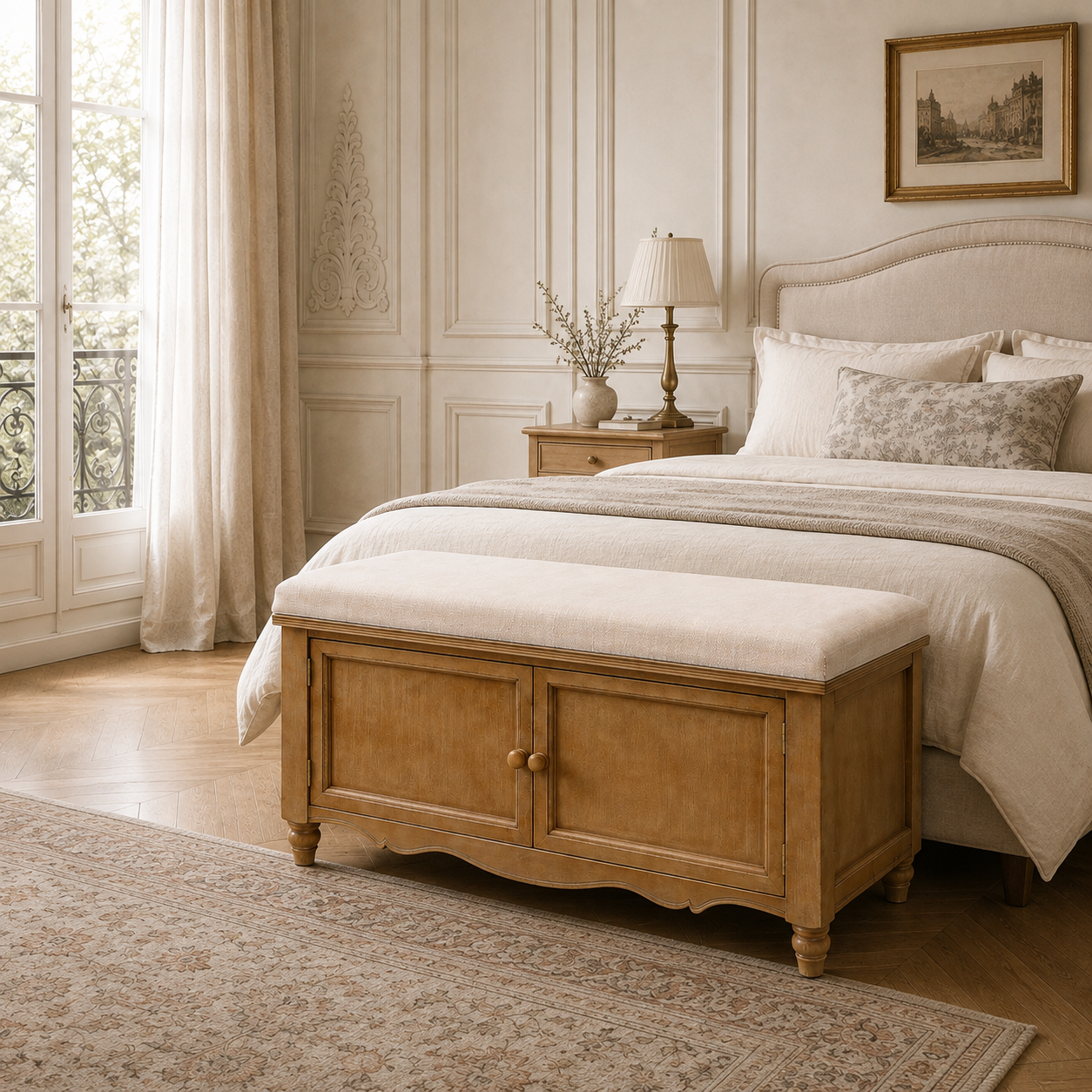 Rosalie upholstered wooden storage bench at the foot of a cream bed in an elegant Parisian-style bedroom.