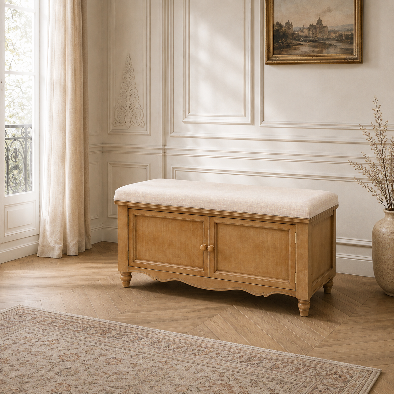 Rosalie oak finish upholstered storage bench in a Parisian room with panelled walls, wood floor and cream rug.