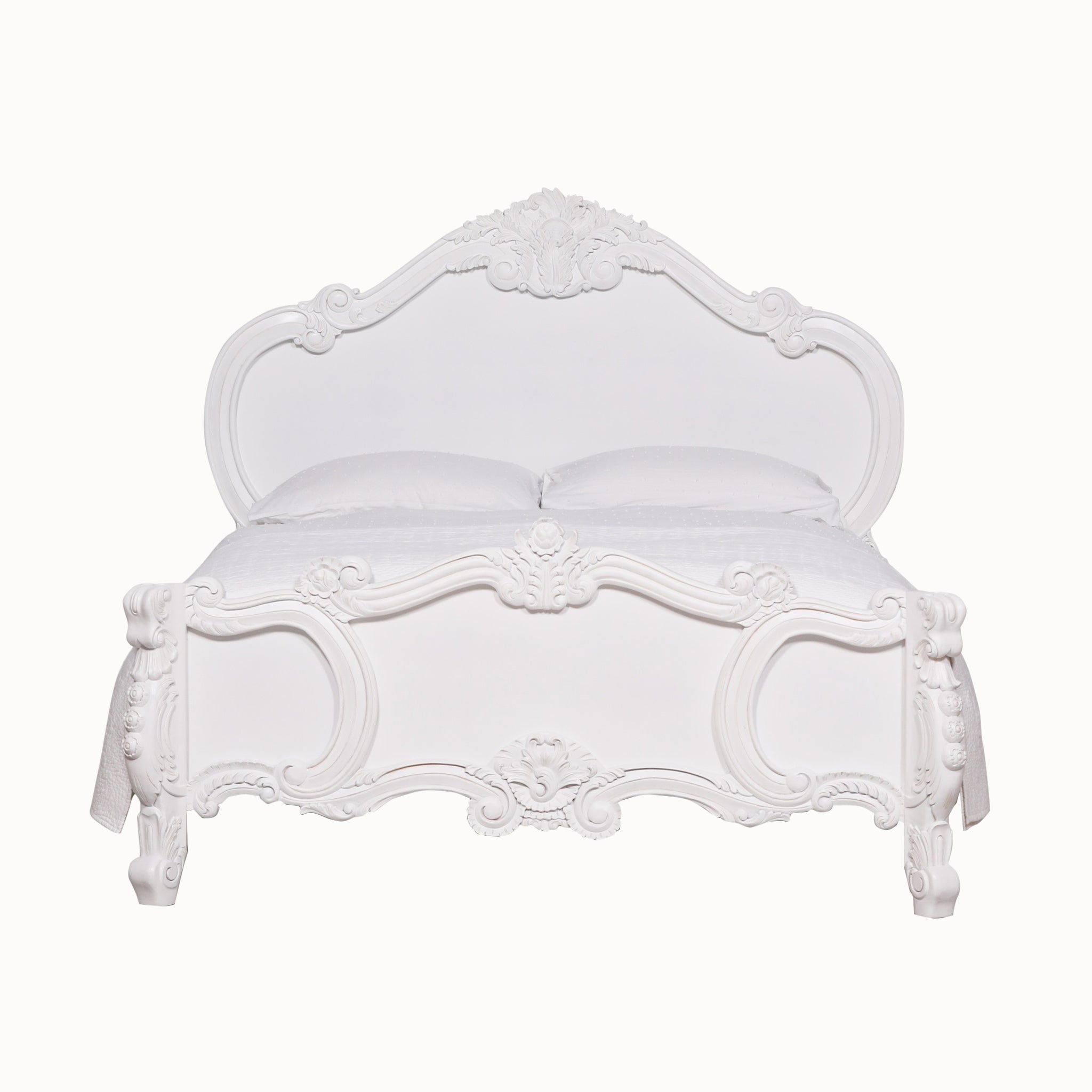Front view of Rosalie French Rococo 5FT king size bed frame in light painted white with curved headboard, ornate footboard and hand-carved rose cherub detailing