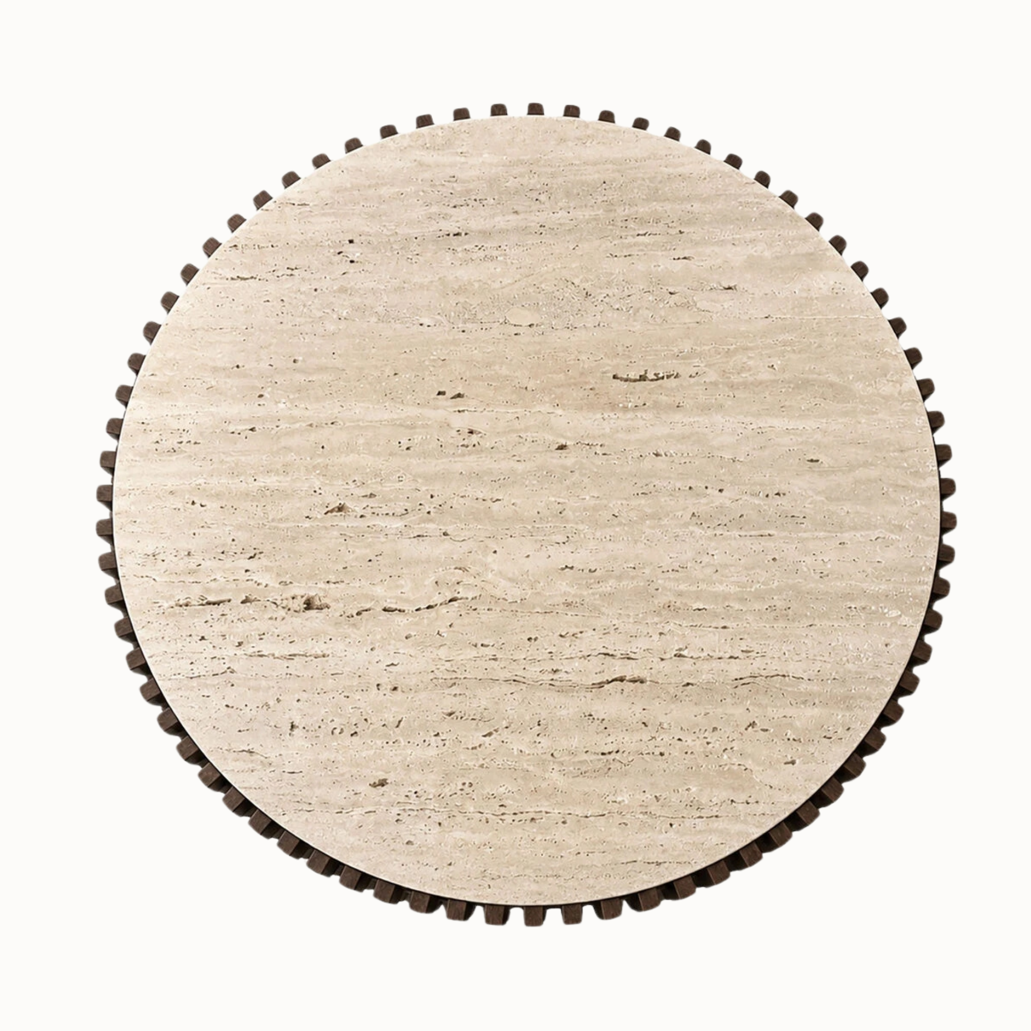Top view of round travertine coffee table showing natural stone grain and dark wood fluted edge on a white background.