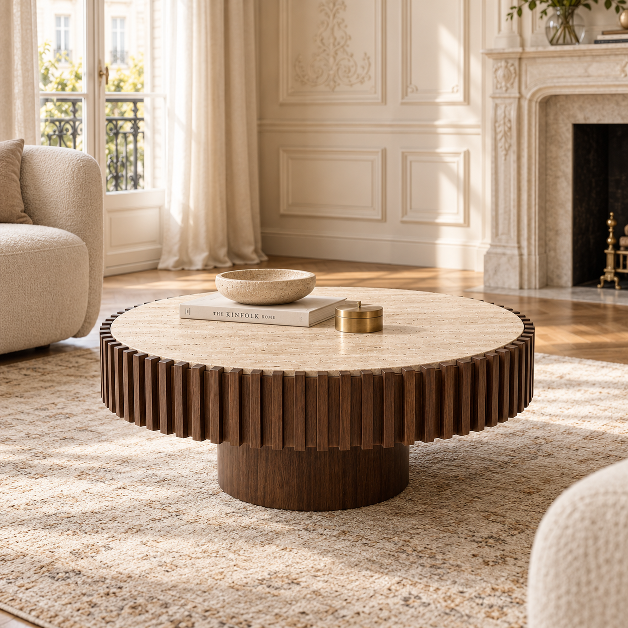 Round travertine and dark wood fluted coffee table in a Parisian living room with fireplace, rug and cream seating.