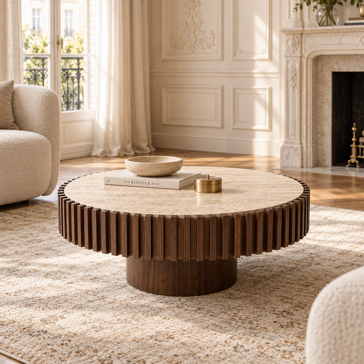 Round travertine and dark wood fluted coffee table in a Parisian living room with fireplace, rug and cream seating.