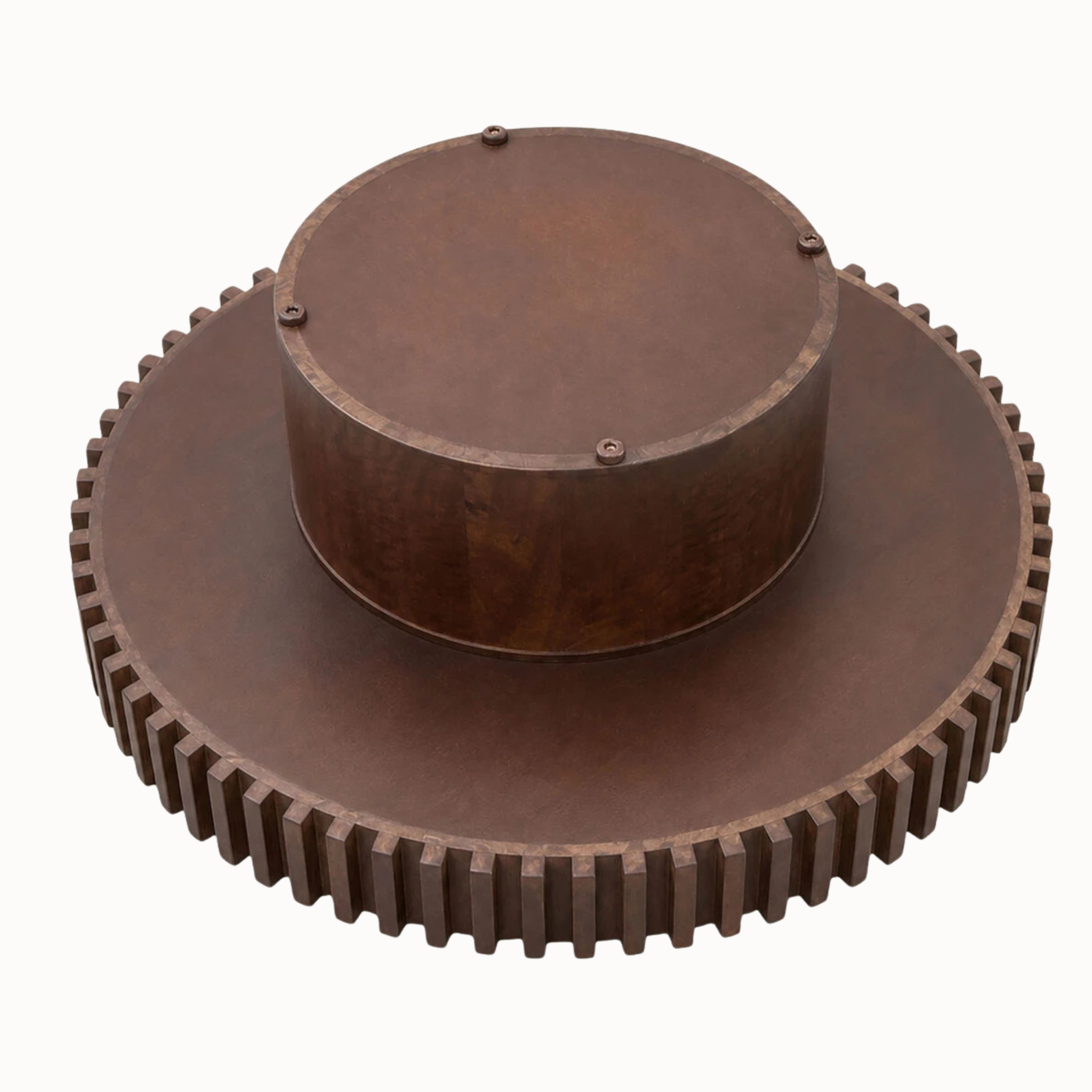 Underside of round travertine coffee table showing dark wood pedestal construction and fluted edge on a white background.
