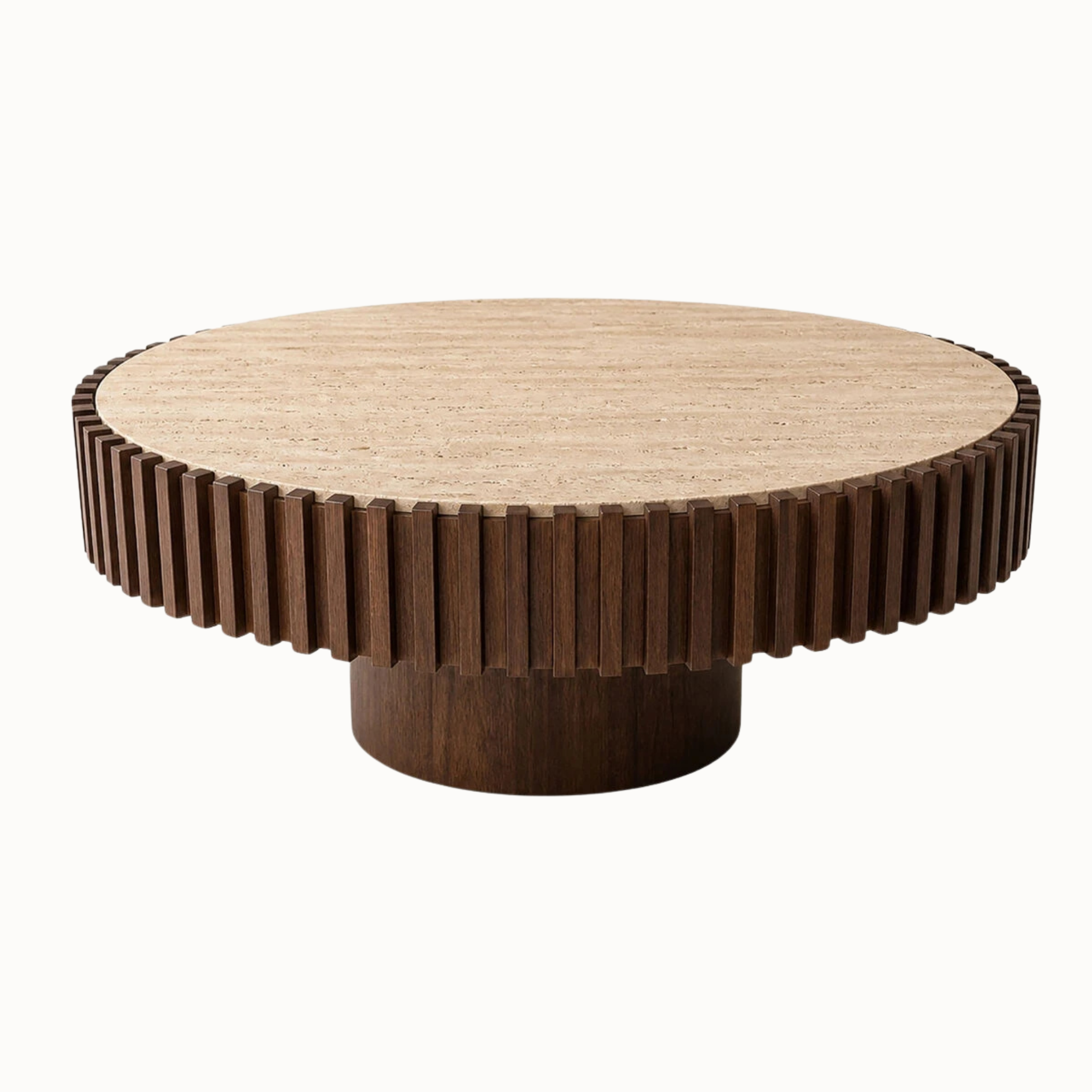 Round travertine coffee table with dark wood fluted edge and pedestal base on a plain white background.