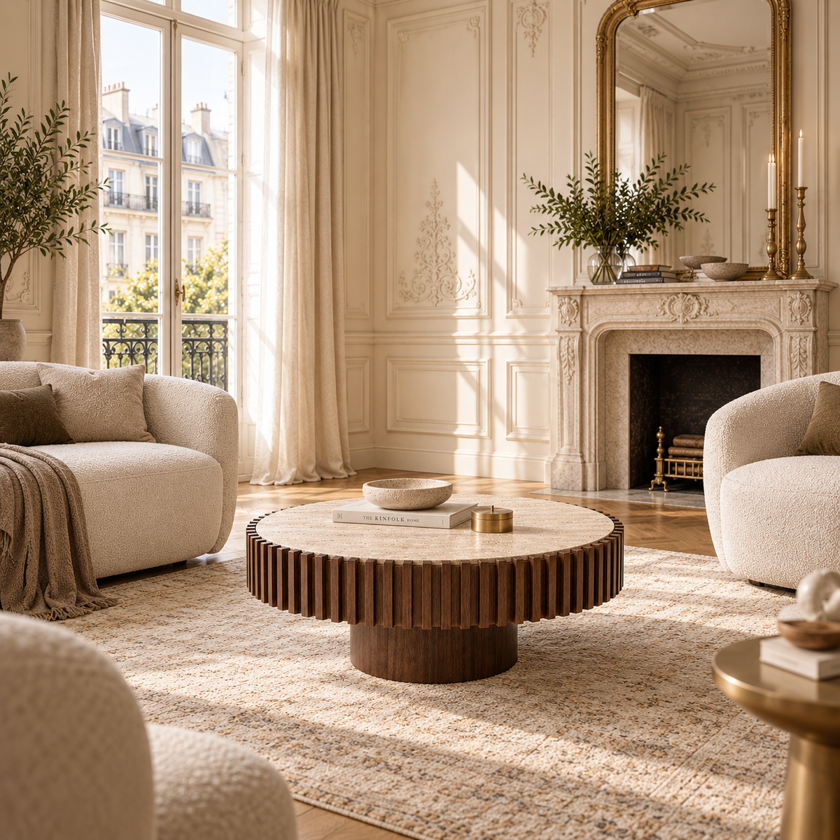 Round travertine fluted dark wood coffee table in a Parisian salon with cream chairs, fireplace and tall windows.