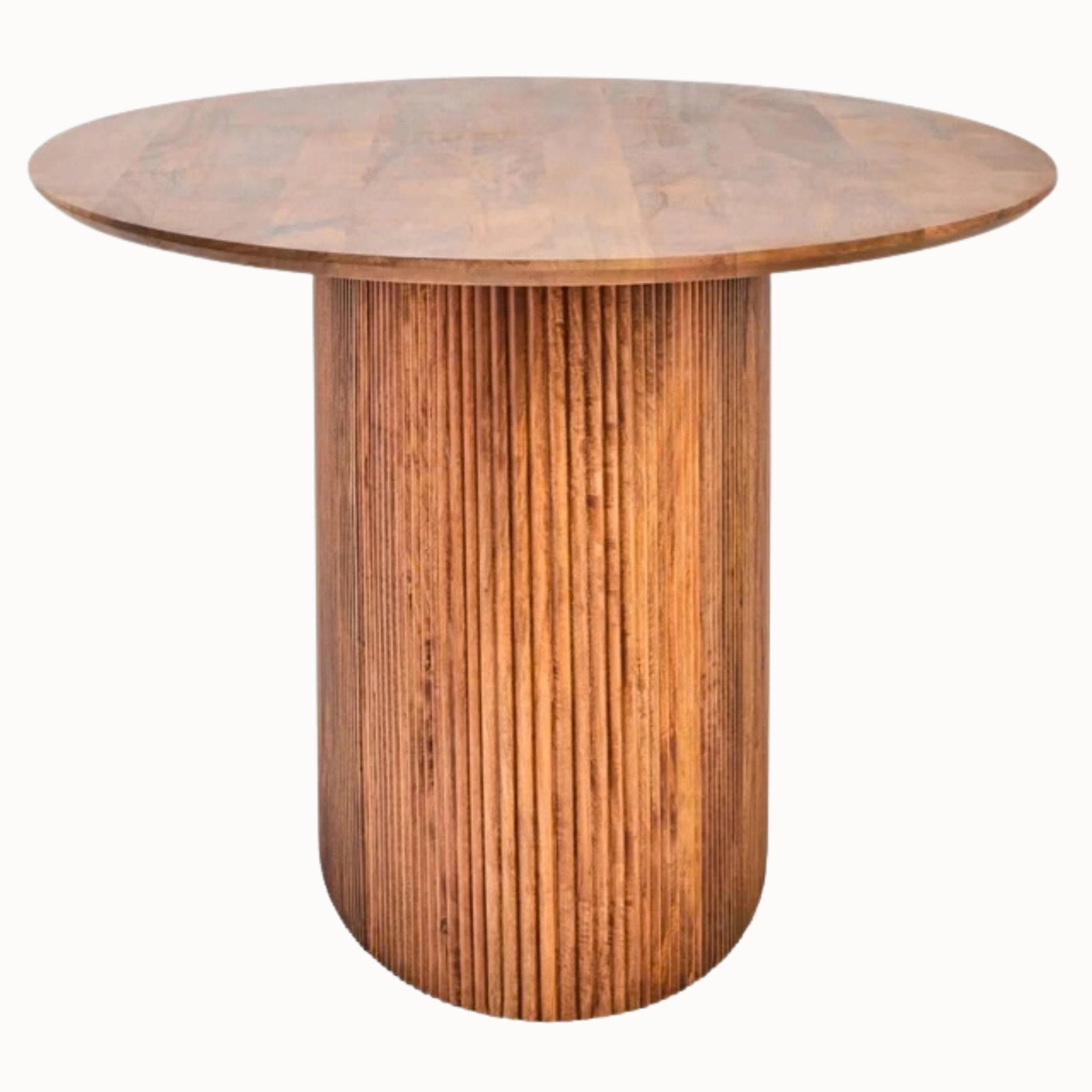 Side view of Sabine 220cm mango wood dining table showing its oval top and ribbed pedestal base on white.