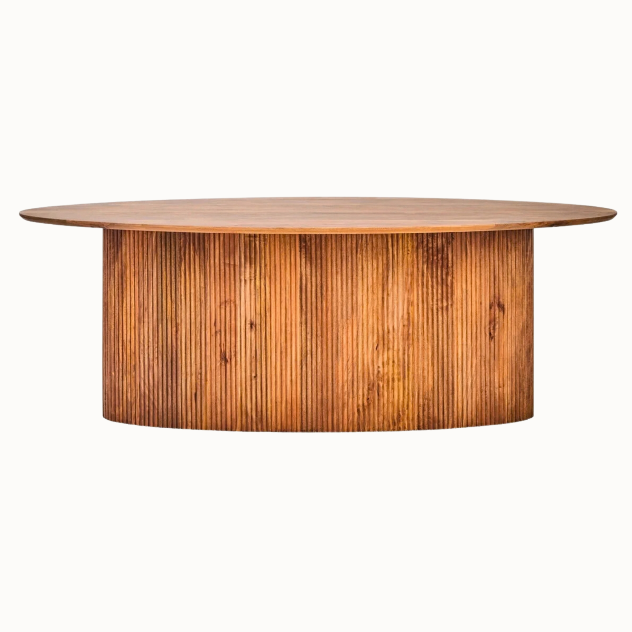 Front view of Sabine 220cm oval solid mango wood dining table with ribbed pedestal base on white.