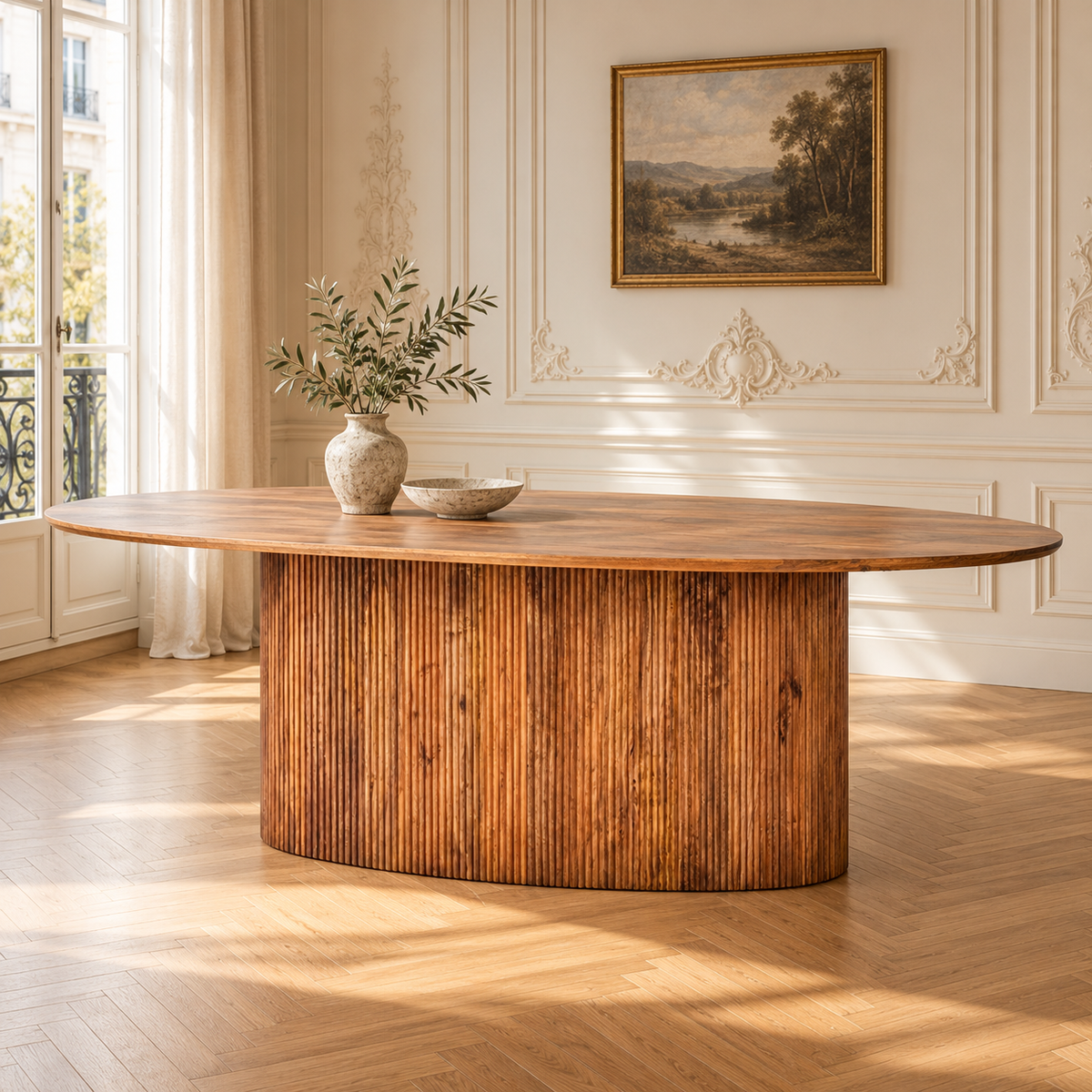 Sabine 220cm oval mango wood dining table with ribbed pedestal base in a bright Parisian-style dining room.
