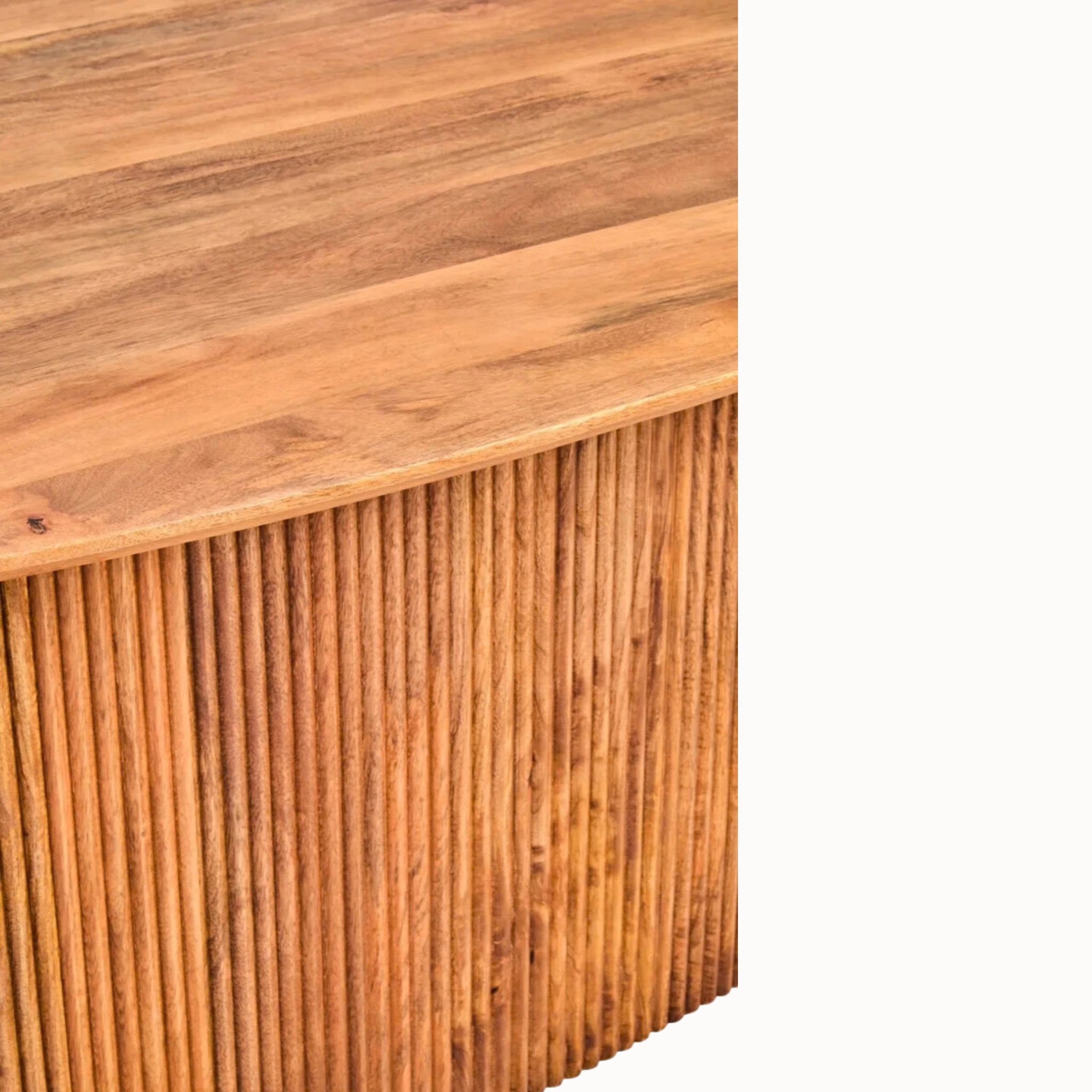 Close-up of Sabine solid mango wood tabletop and ribbed pedestal base showing natural grain on white.