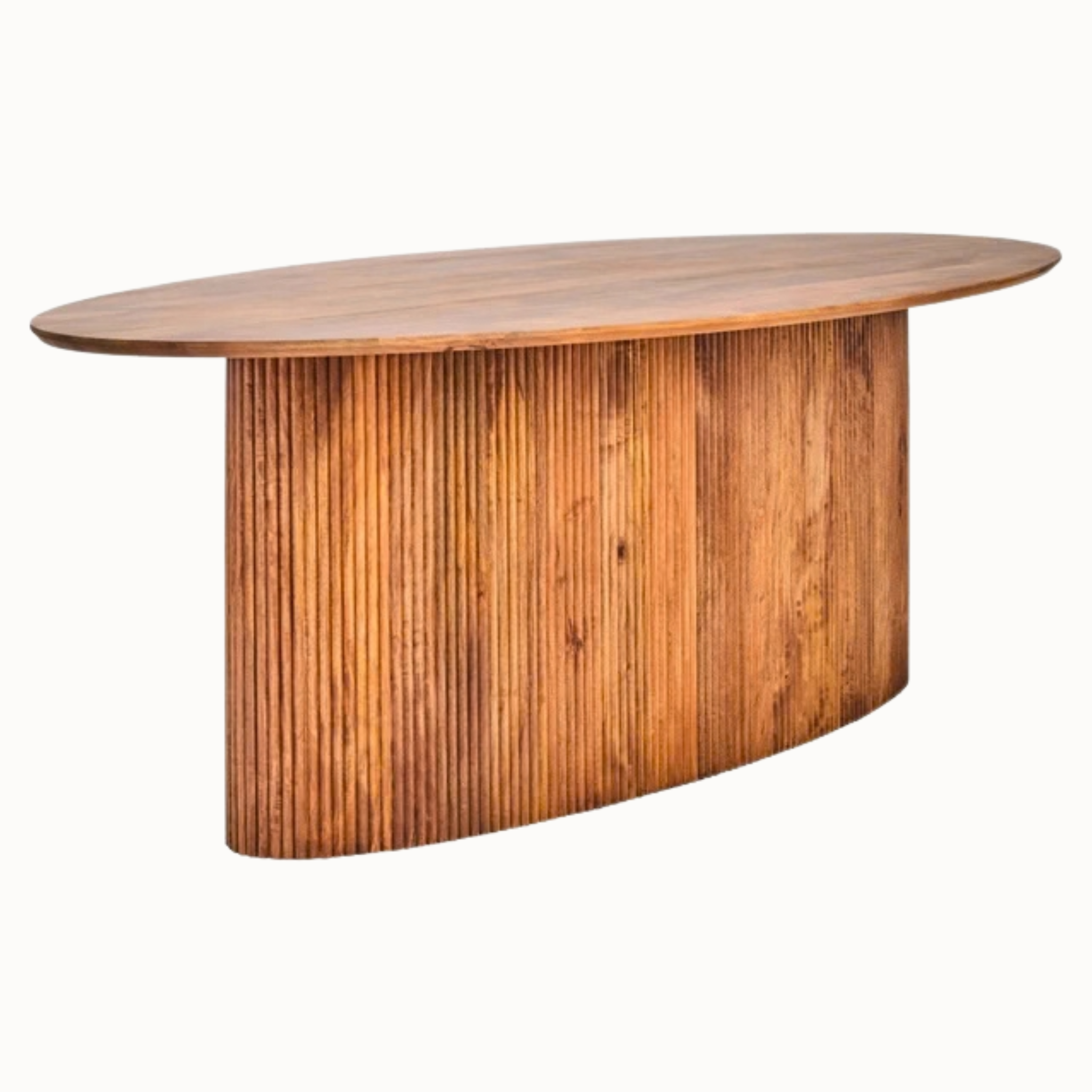 Angled Sabine oval solid mango wood dining table with sculptural ribbed pedestal base on a white background.