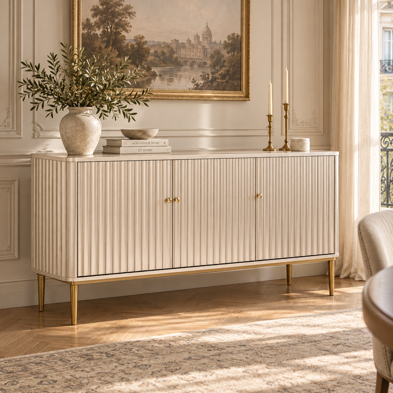 Séraphine 160cm champagne gold fluted sideboard in an elegant dining room with artwork, greenery and tall window.