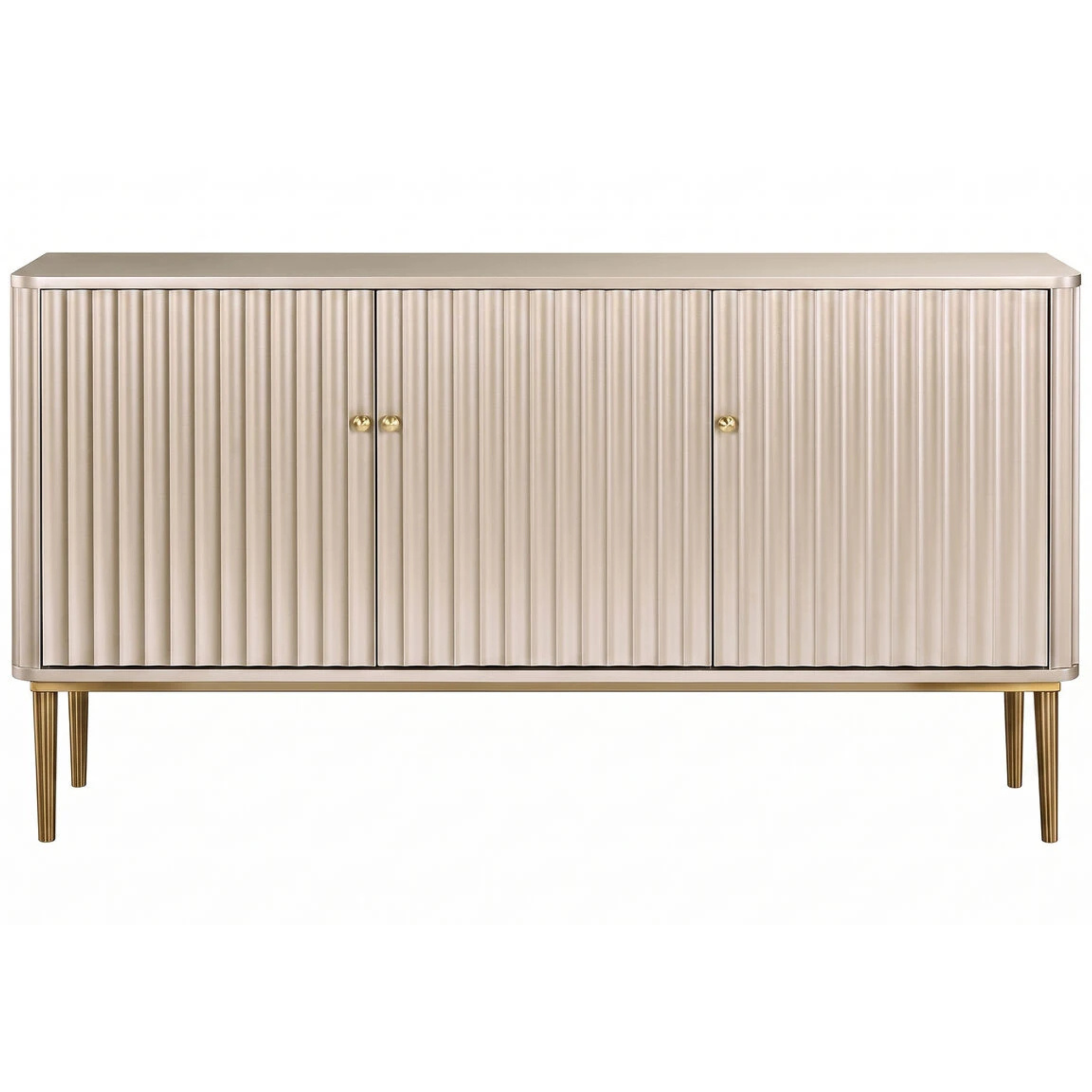 Séraphine 160cm champagne gold fluted 3 door sideboard with gold handles and legs on a white background.