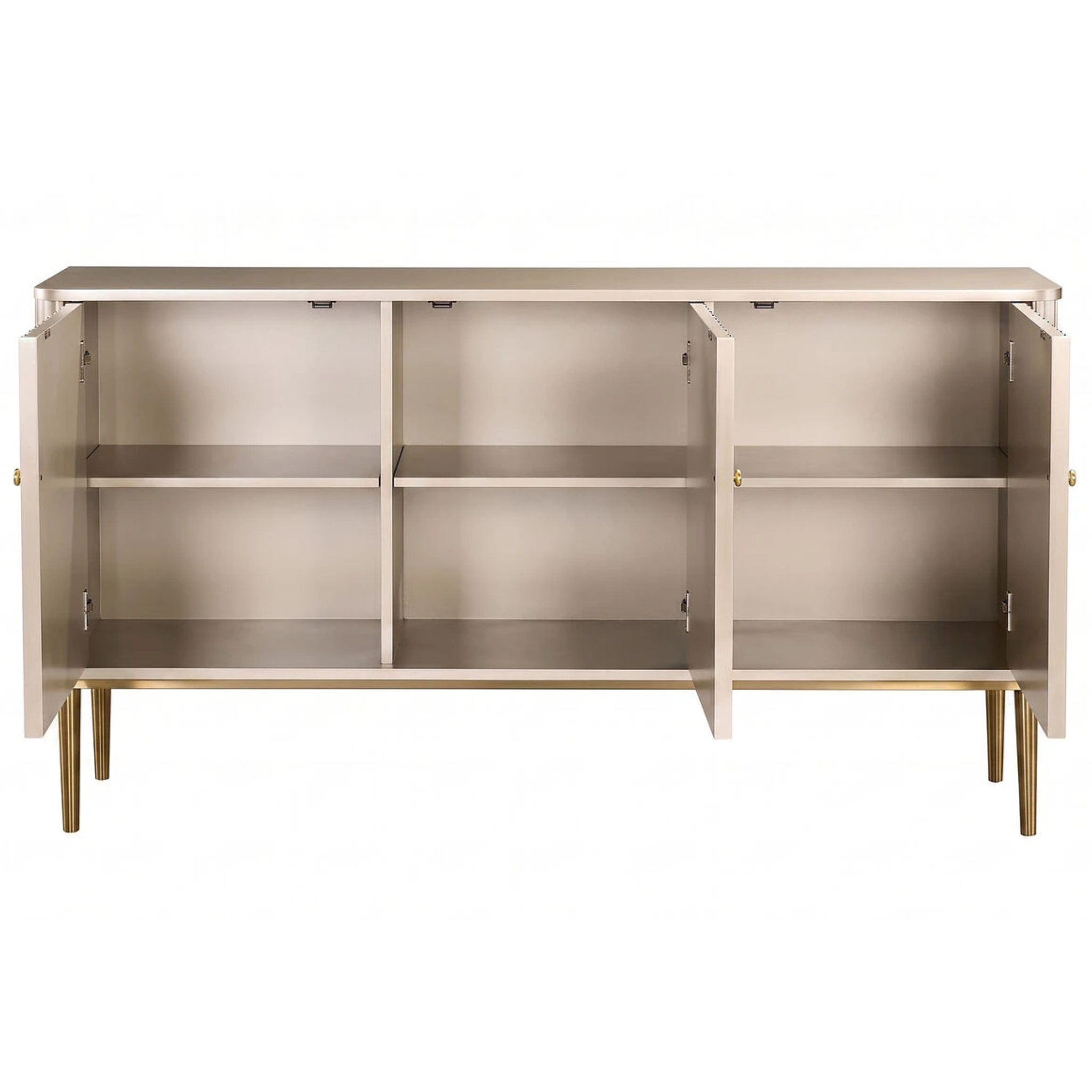 Séraphine champagne gold 3 door sideboard open to show internal shelves and storage on a white background.