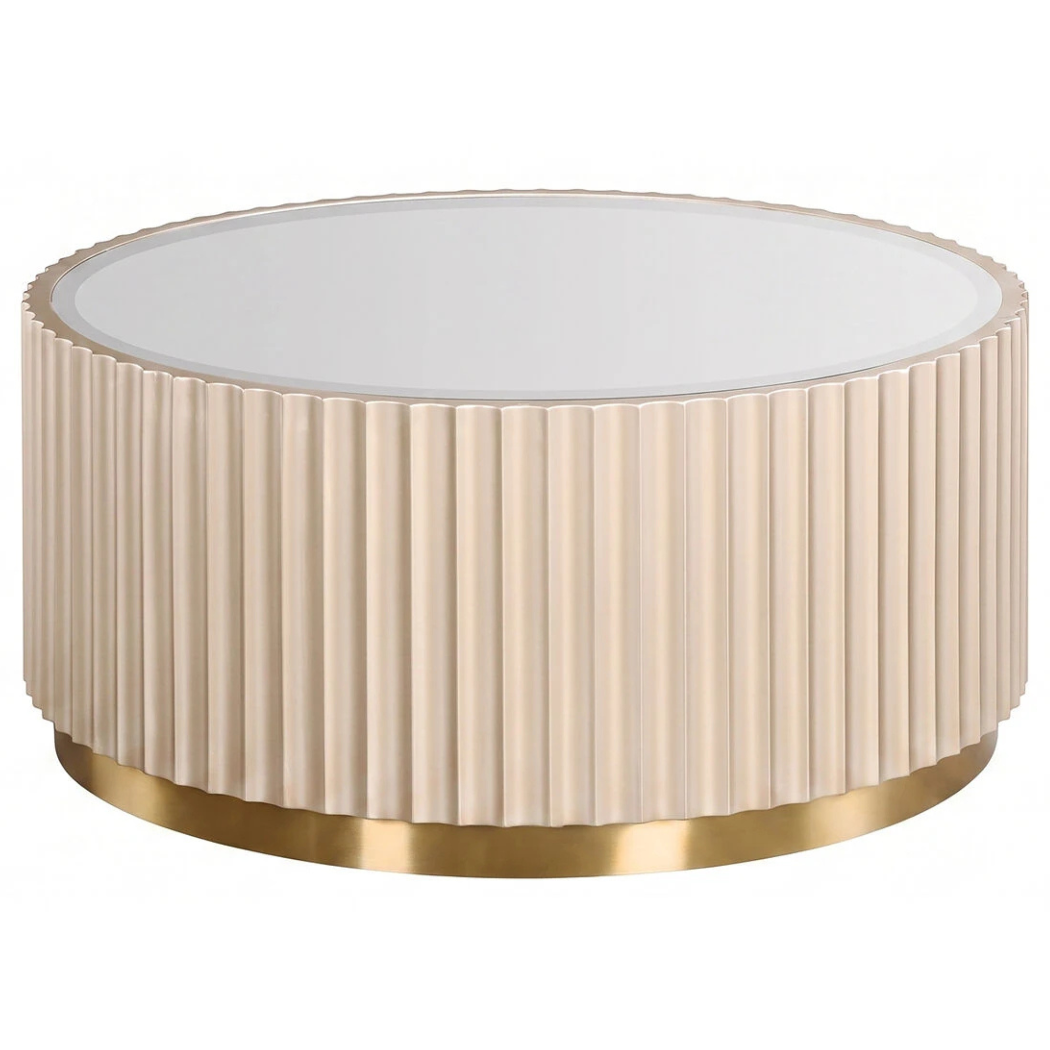 Séraphine 90cm champagne gold fluted round coffee table with smoked mirror top on a clean white background.