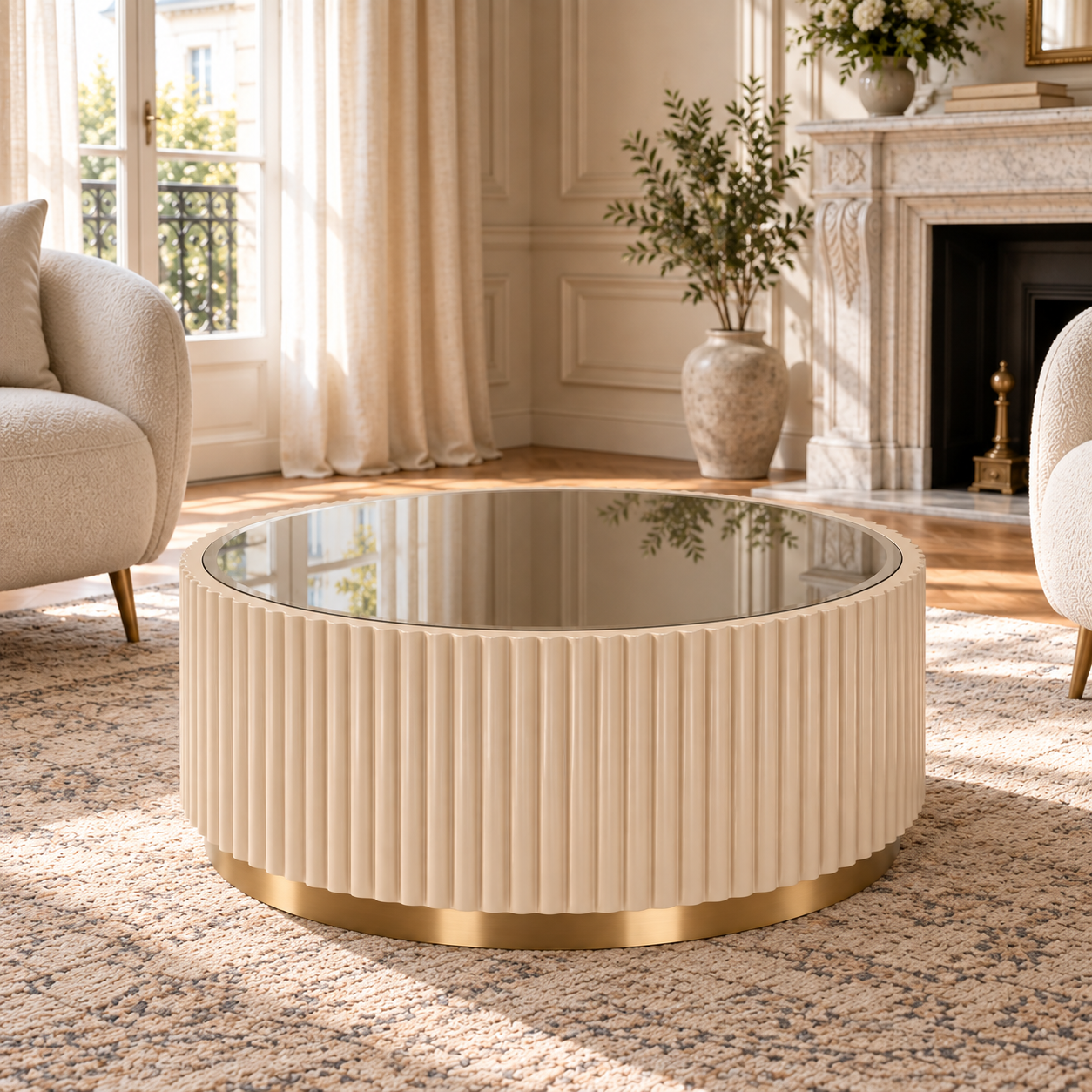 Séraphine 90cm champagne gold fluted round coffee table with smoked mirror top in an elegant Parisian living room.
