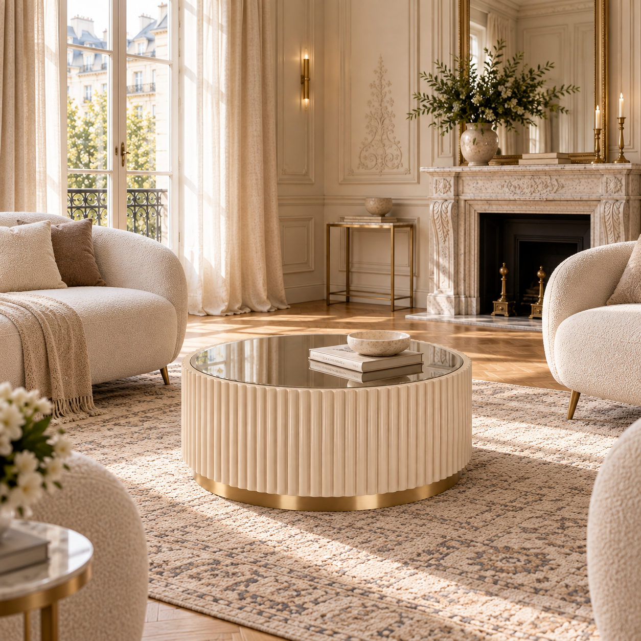 Séraphine 90cm champagne gold round coffee table with smoked mirror top in a bright living room with fireplace.