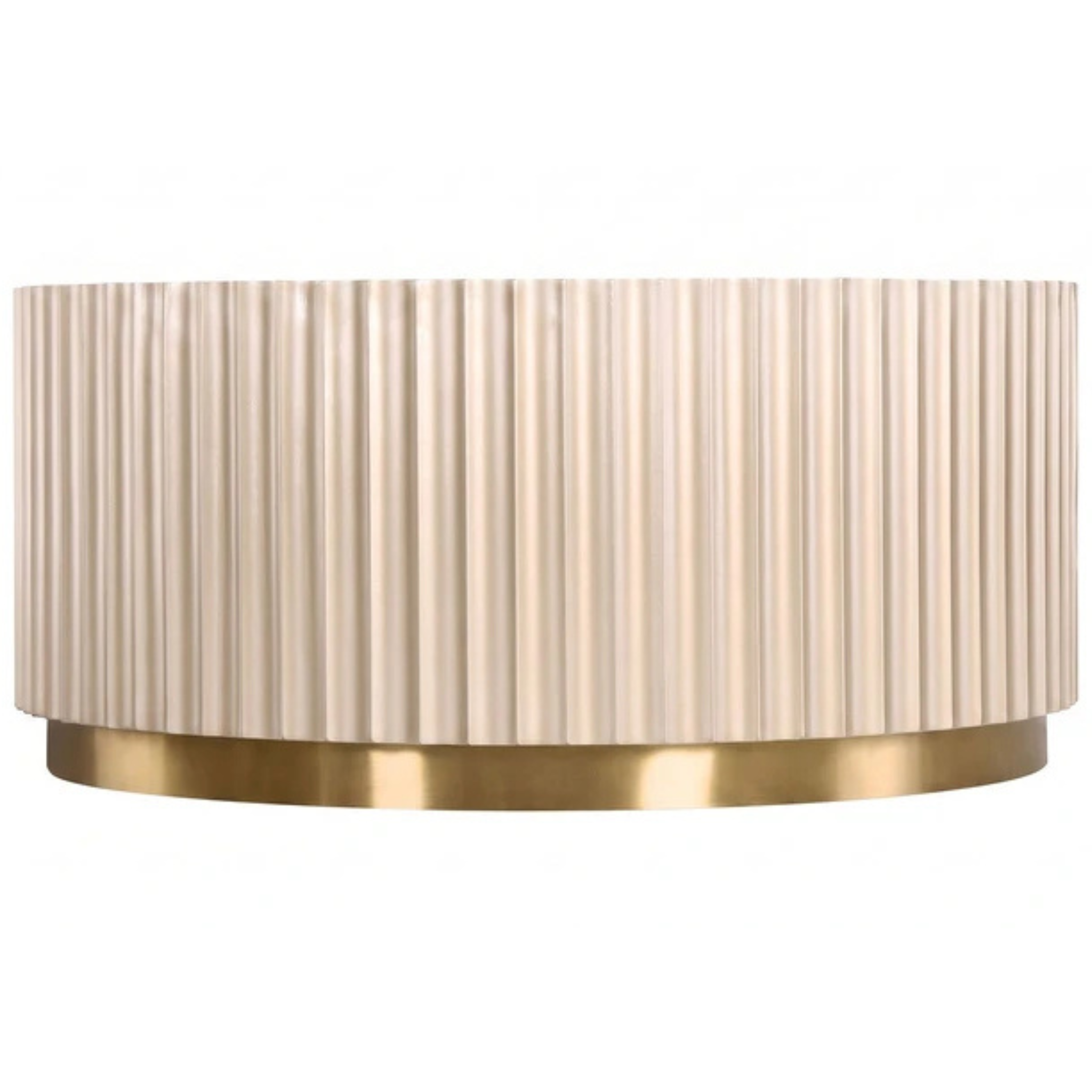 Séraphine champagne gold fluted round coffee table side view with gold base on a plain white background.