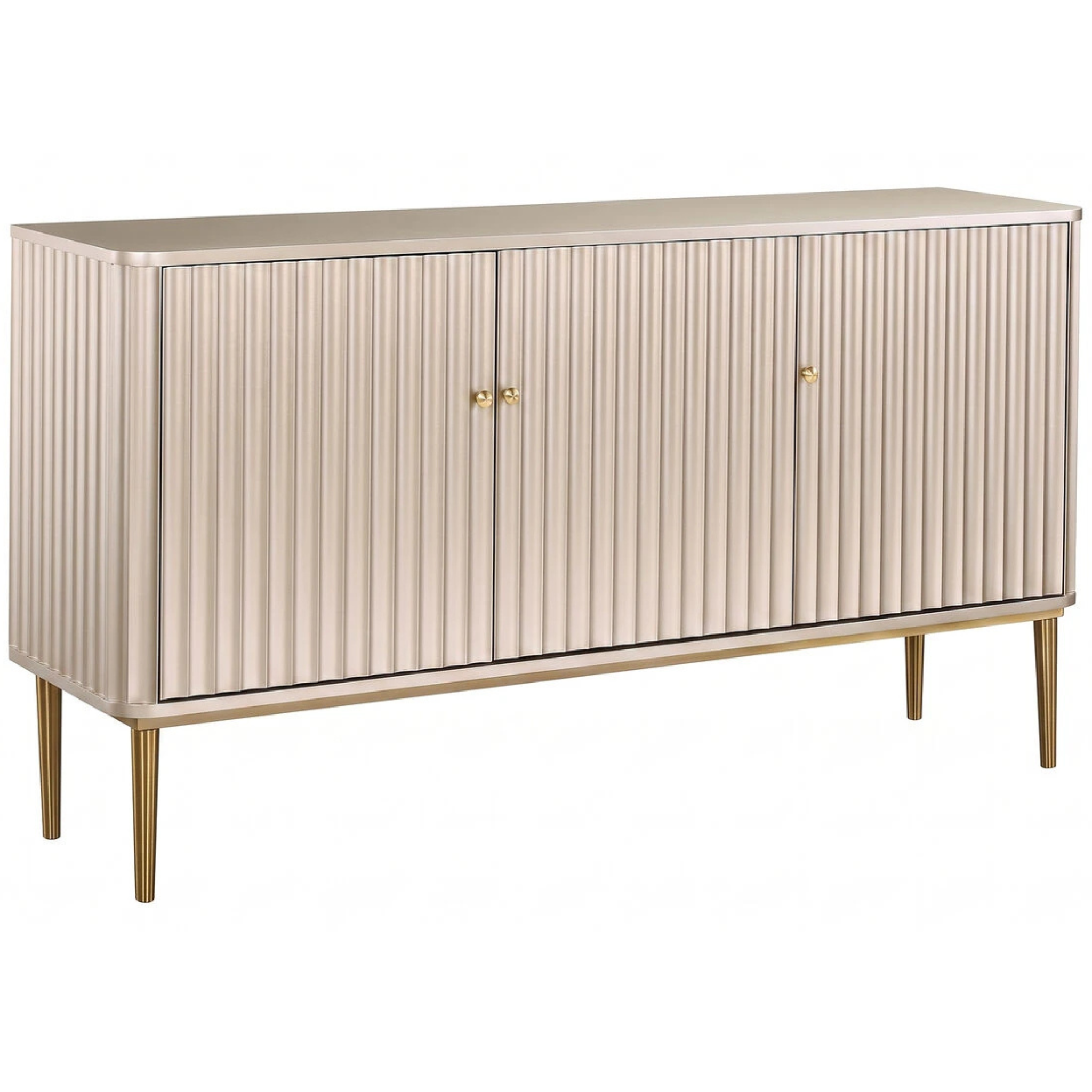 Séraphine champagne gold fluted 3 door sideboard with slim gold legs, angled on a clean white background.