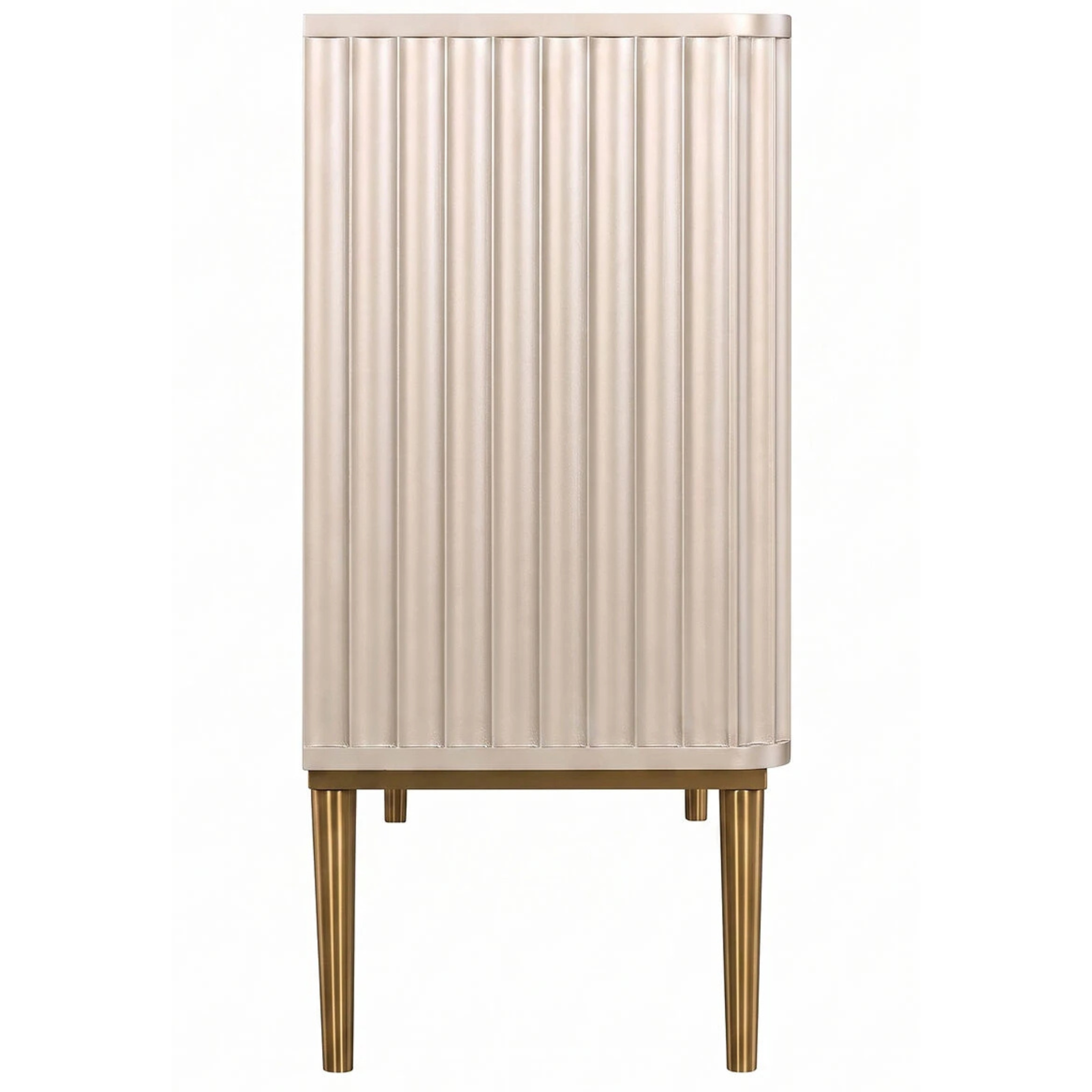 Séraphine champagne gold fluted sideboard side profile with tapered gold legs on a plain white background.