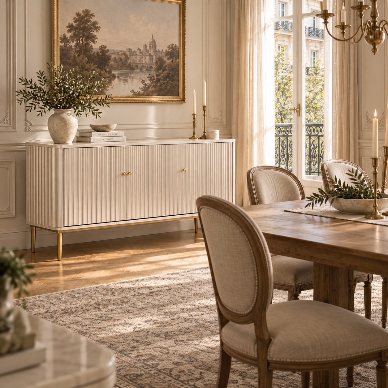 Séraphine champagne gold fluted 3 door sideboard in a bright dining room with table, chairs, chandelier and window.