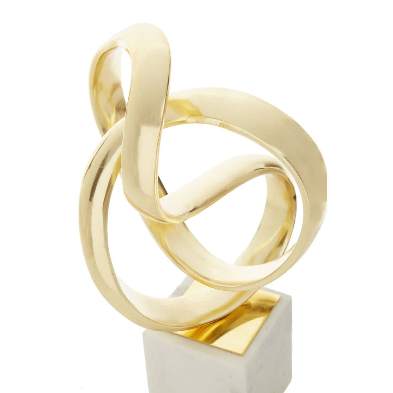 Séverin 34cm gold aluminium abstract knot sculpture on white marble base against a clean white background.