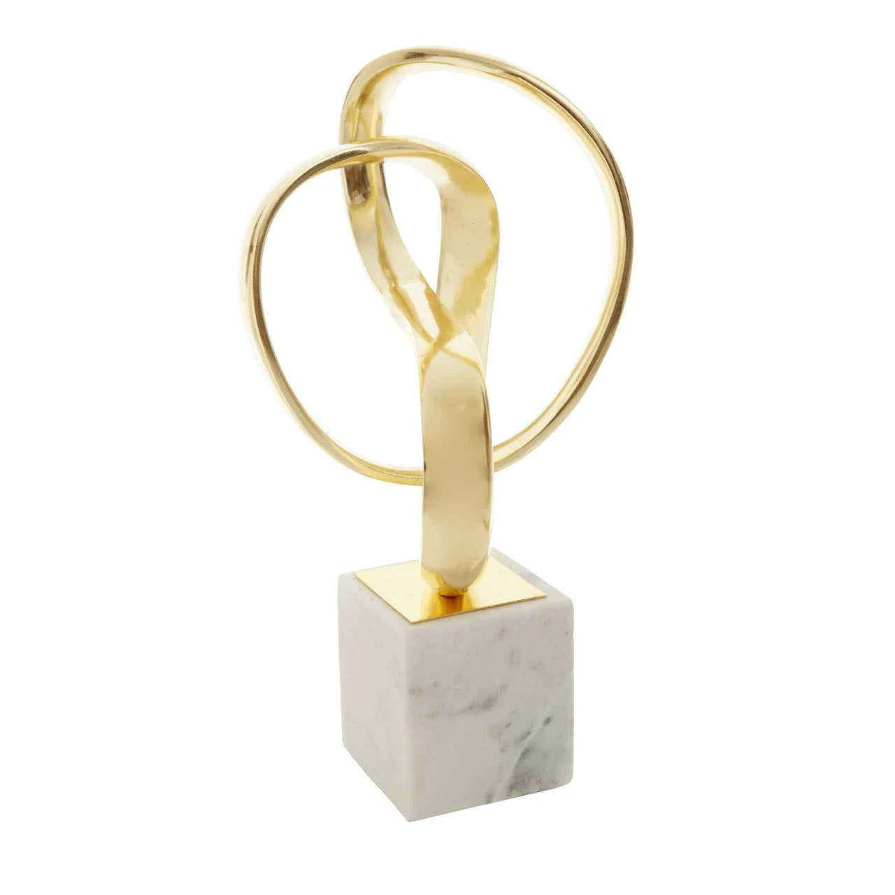 Rear view of Séverin gold aluminium abstract knot sculpture on white marble base against a white background.