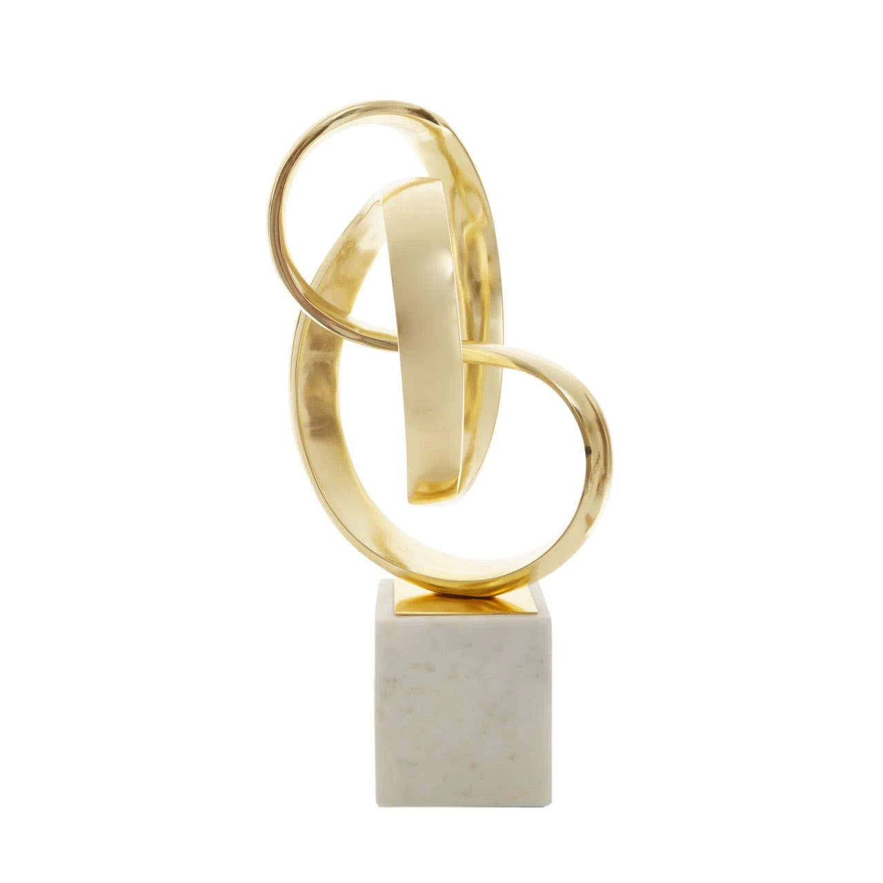 Angled view of Séverin gold aluminium knot sculpture with white marble base on a plain white background.