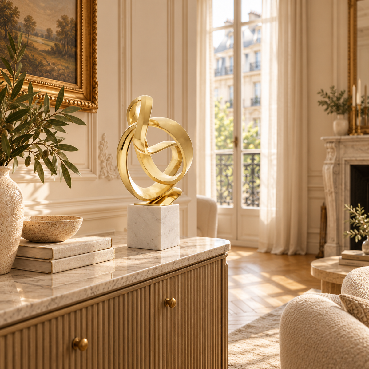 Séverin gold aluminium knot sculpture on marble console in a bright room with tall windows, greenery and fireplace.