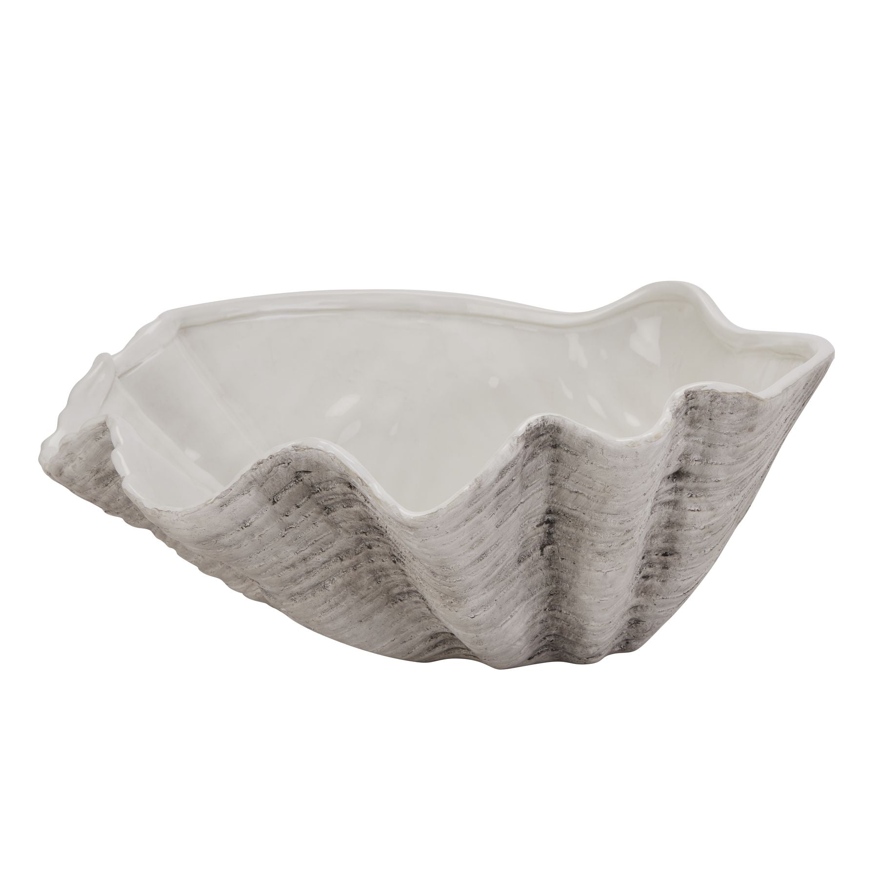 Solange 40cm white ceramic shell bowl with textured exterior against a clean white background.