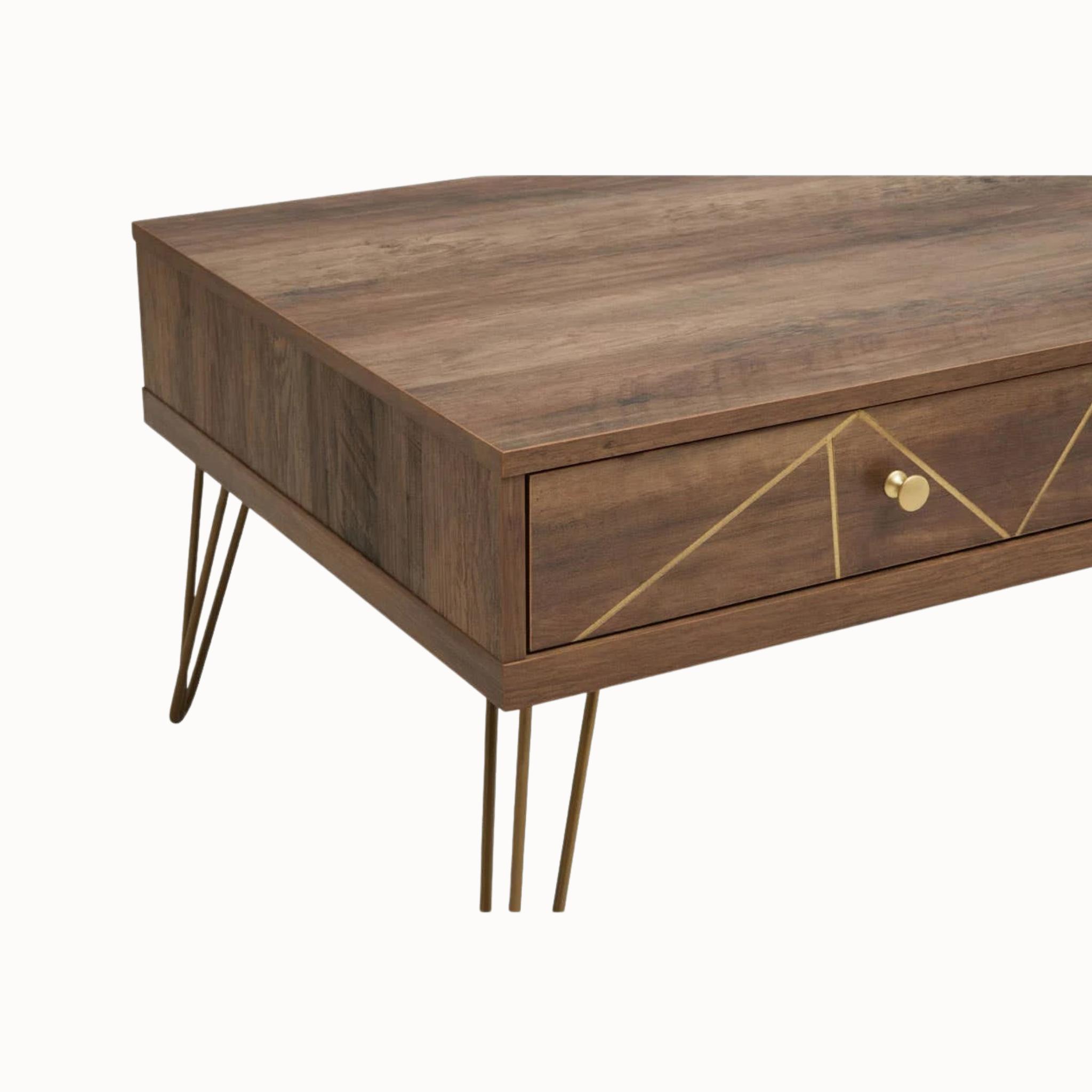 Close-up of Soline wooden coffee table with closed drawer, gold inlay and hairpin legs on white.