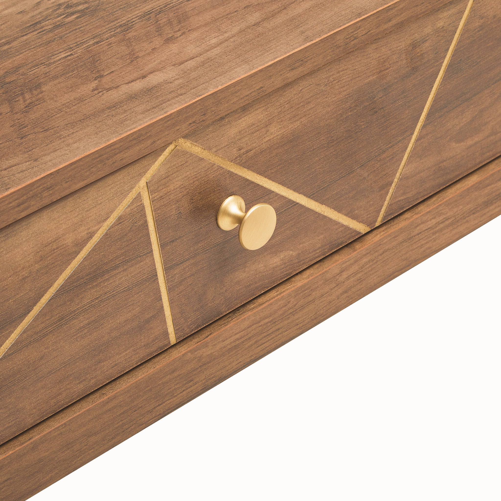 Close-up of the Soline coffee table drawer front highlighting the geometric gold inlay-style line detailing, round gold handle and textured warm wood-effect finish.