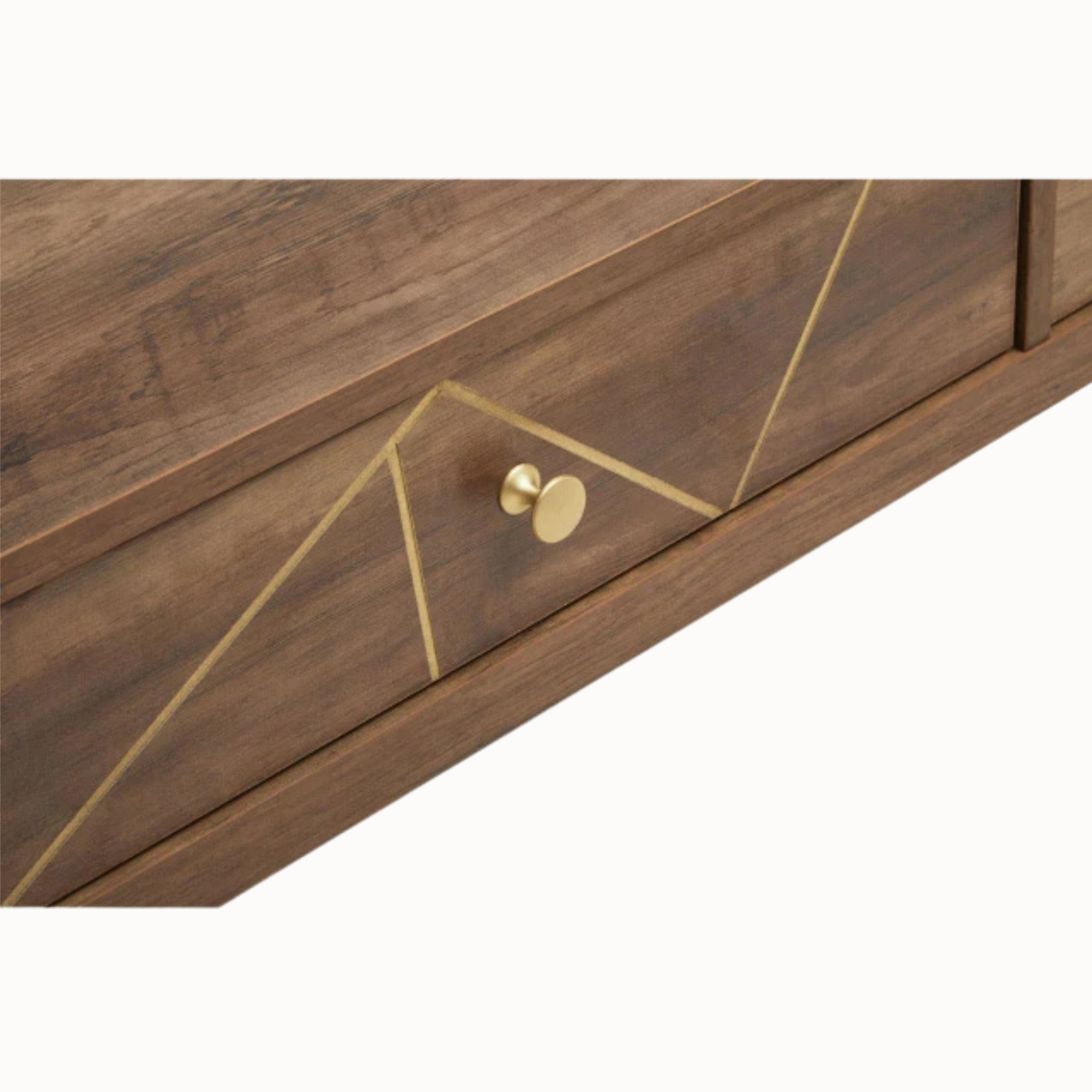 Close-up of Soline coffee table drawer with gold knob and geometric inlay on brown wood, white background.