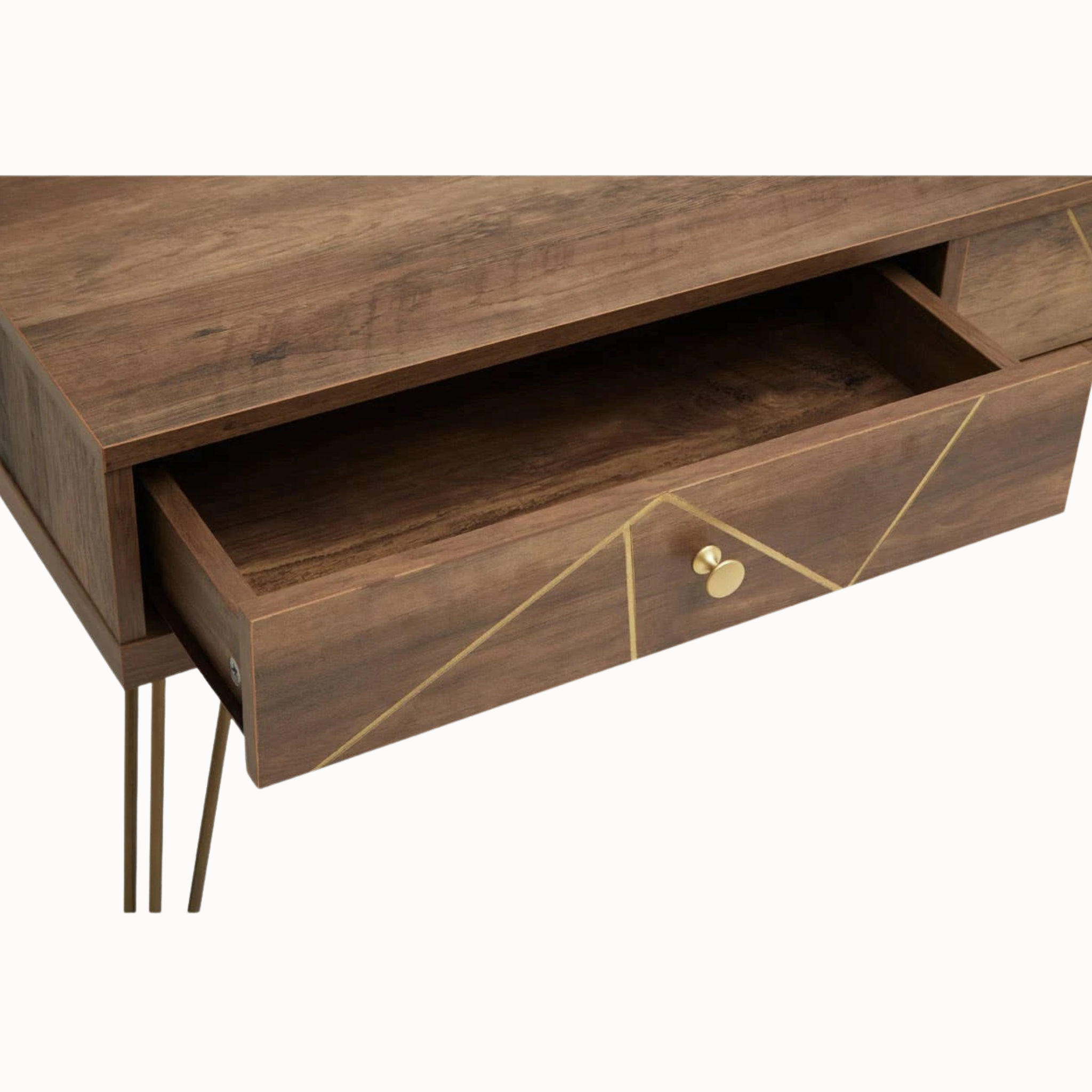 Close-up of Soline coffee table open drawer with gold geometric inlay and knob on a white background.