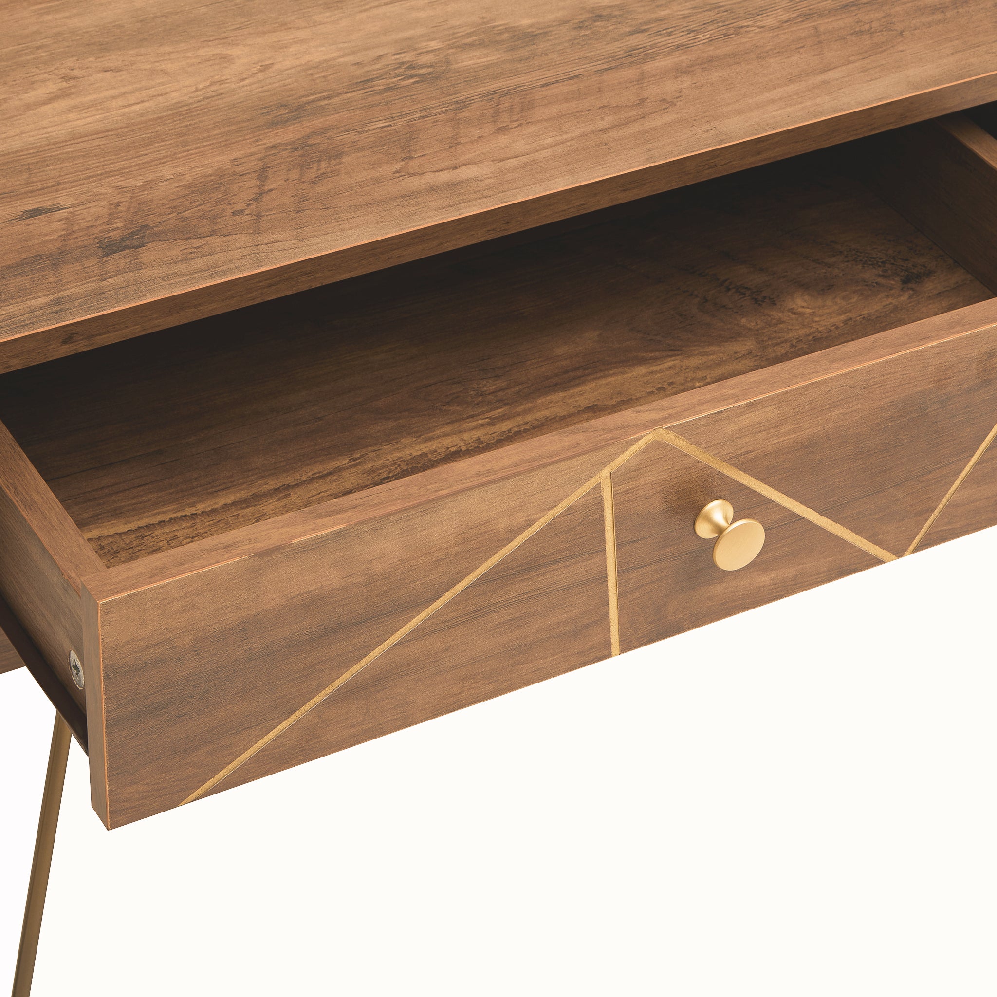Close-up of the Soline wooden coffee table with one drawer open, revealing practical living room storage alongside geometric gold detailing and a round gold handle.