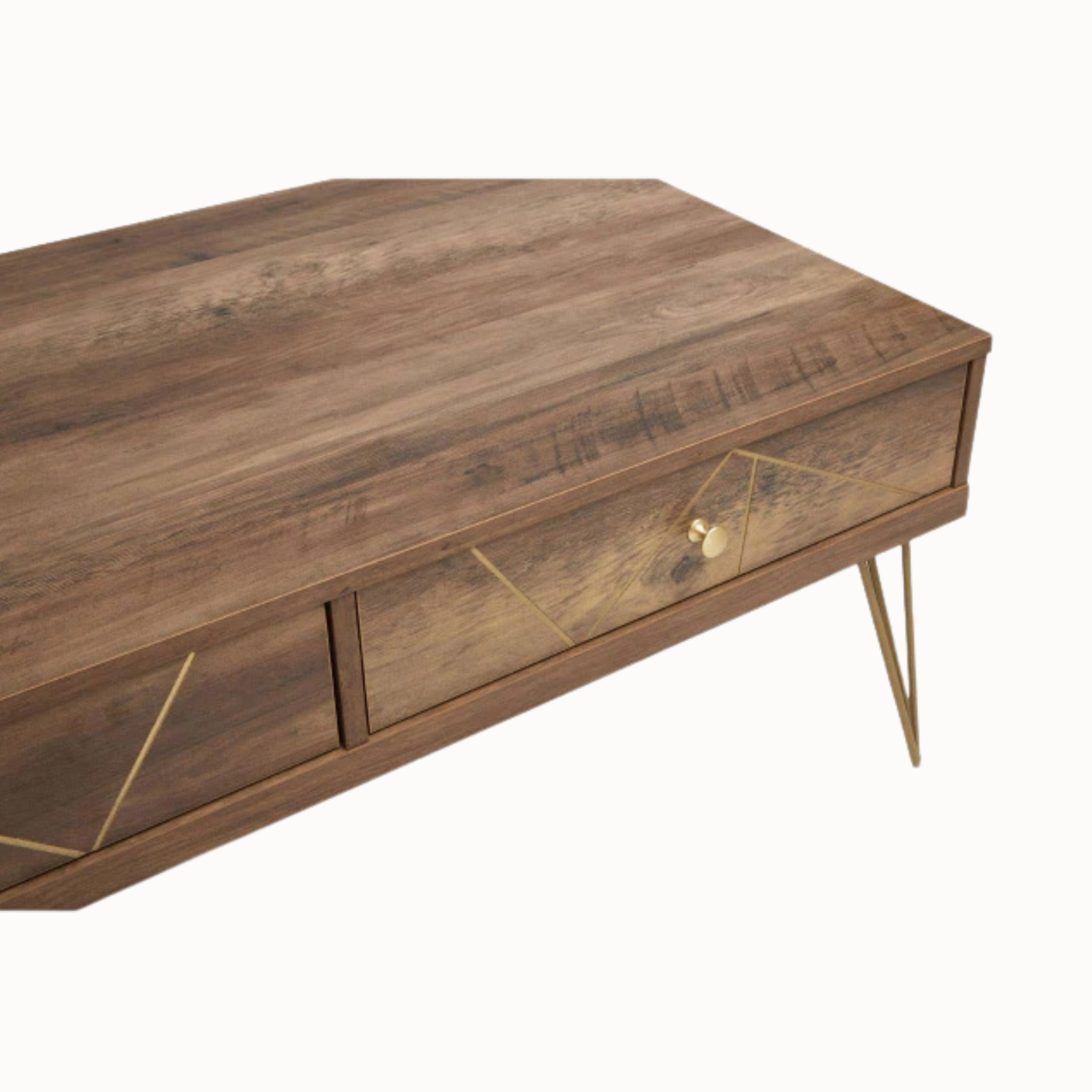 Close-up of Soline wooden coffee table top, drawer front and gold hairpin leg on a white background.