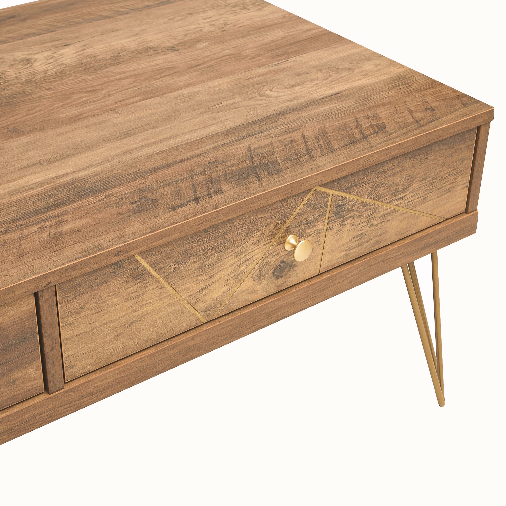 Detailed view of the Soline Mid-Century Coffee Table drawer featuring geometric gold linework, a round gold handle and warm natural wood-effect grain.
