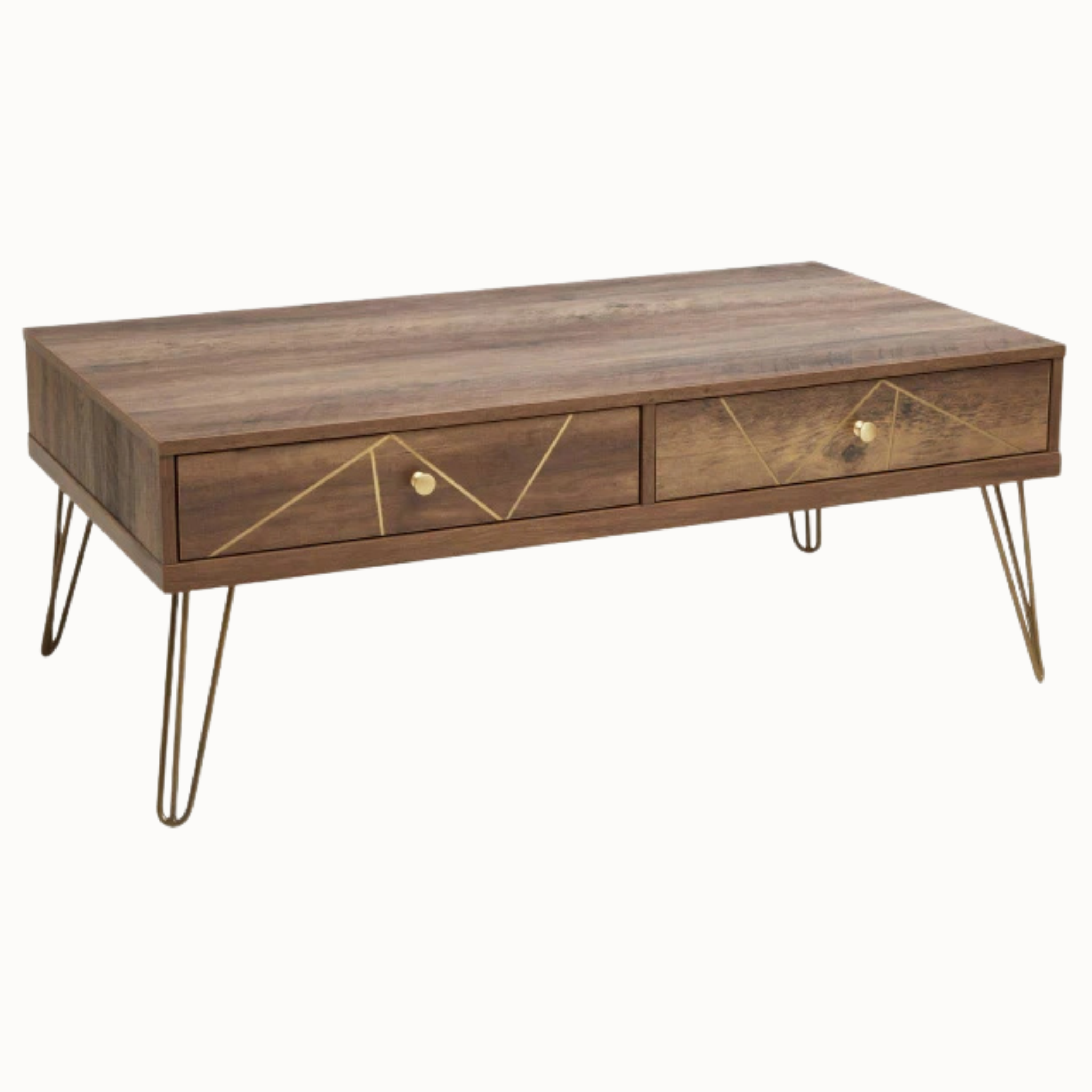 Mid-century wooden coffee table with two gold-inlay drawers and hairpin legs on a plain white background.