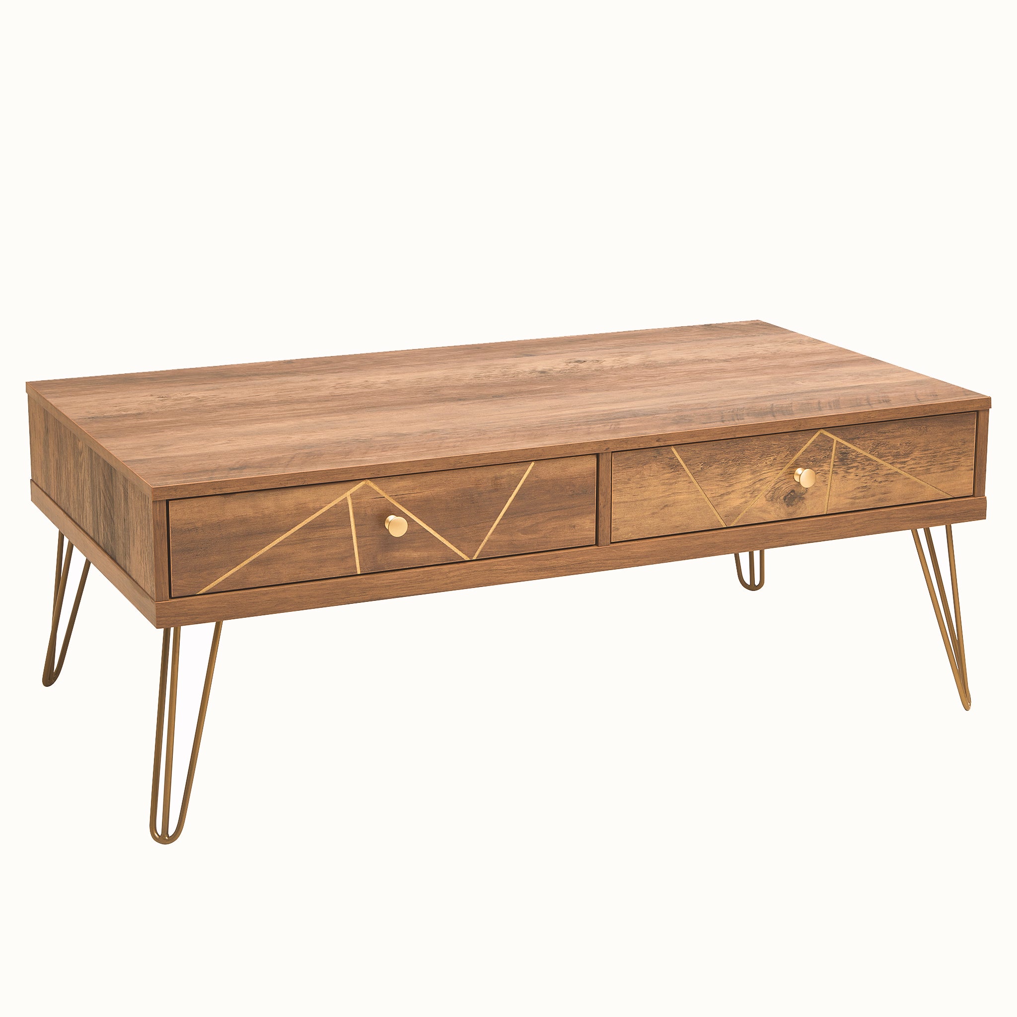 Angled view of the Soline Mid-Century Wooden Coffee Table with two storage drawers, geometric gold detailing, warm wood-effect top and gold hairpin legs.